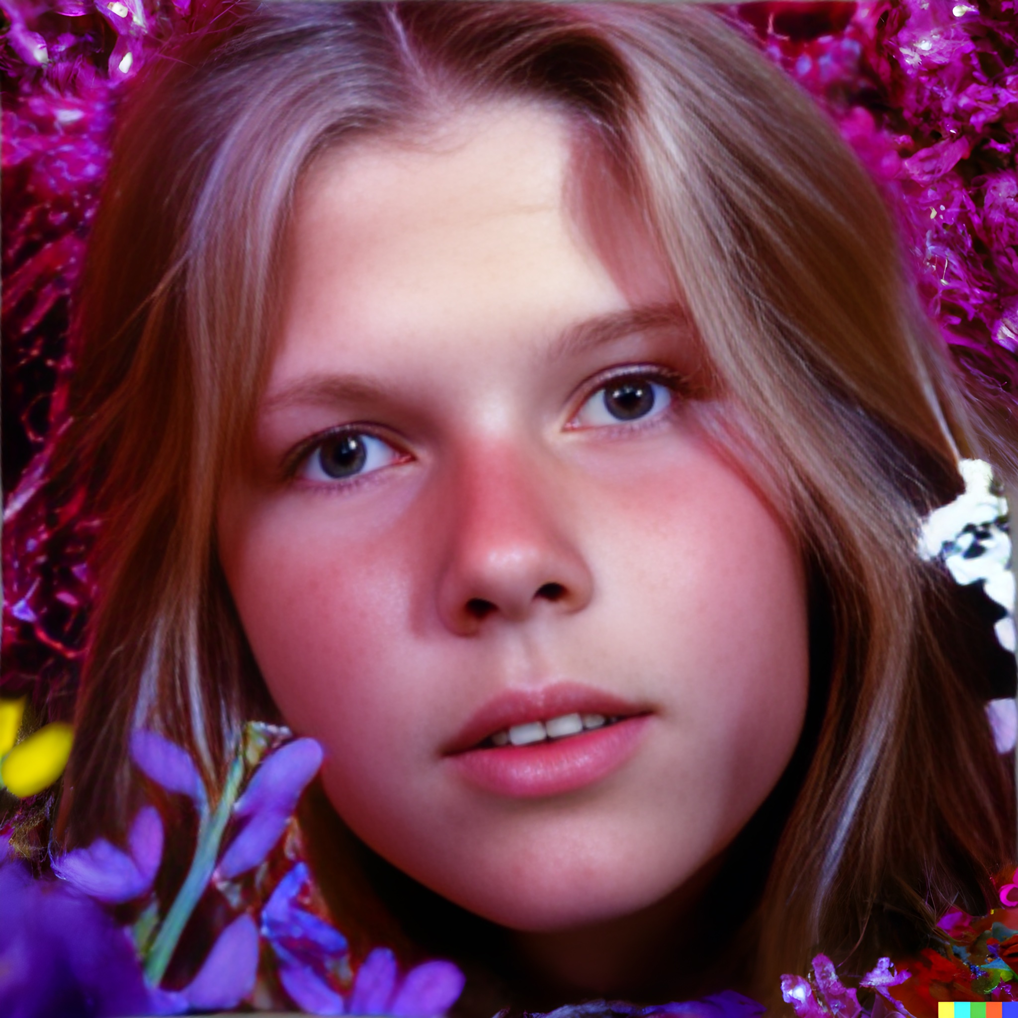 Close-up portrait of a girl with blonde hair surrounded by vibrant purple flowers.