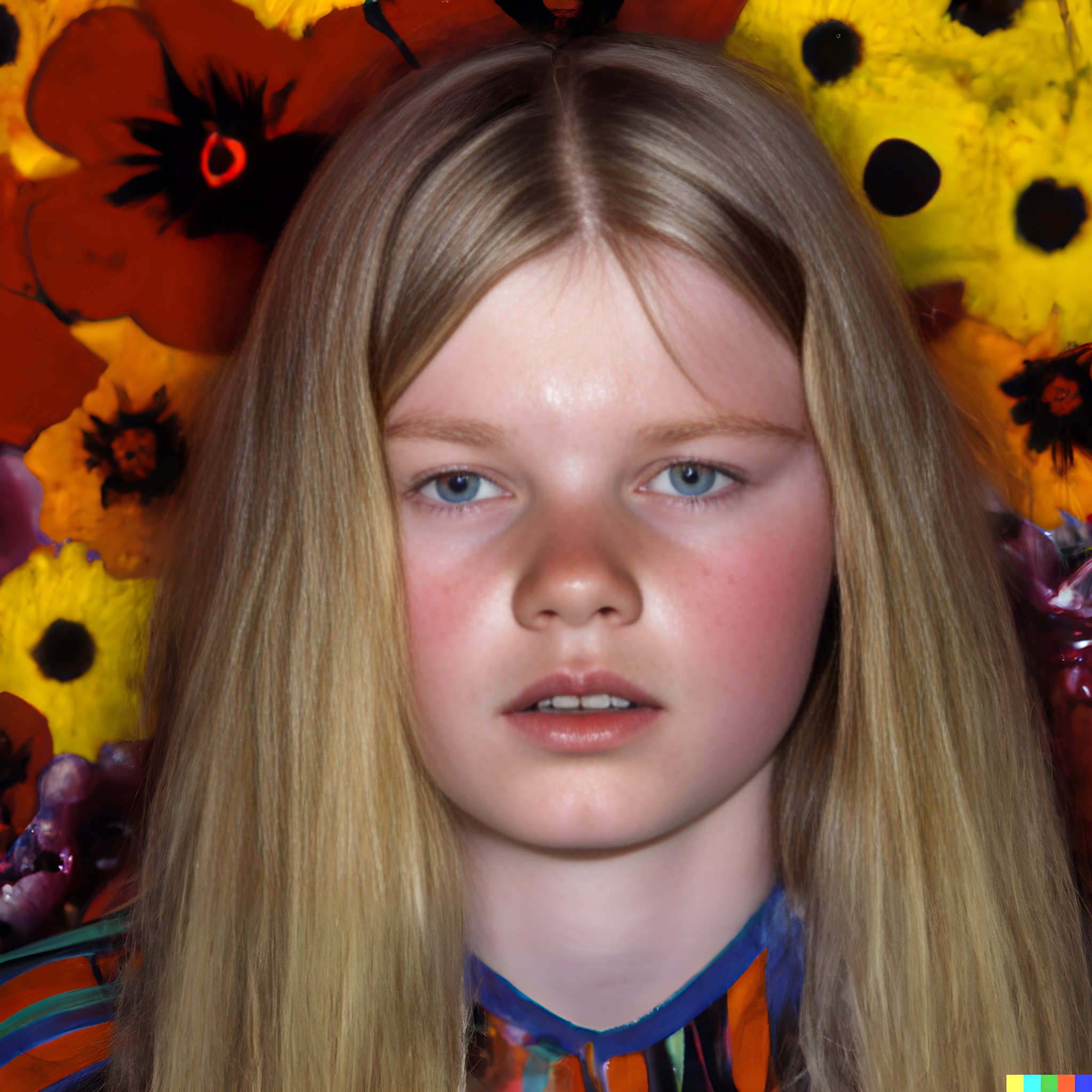 Portrait of a blonde girl with rosy cheeks, framed by vibrant flowers.