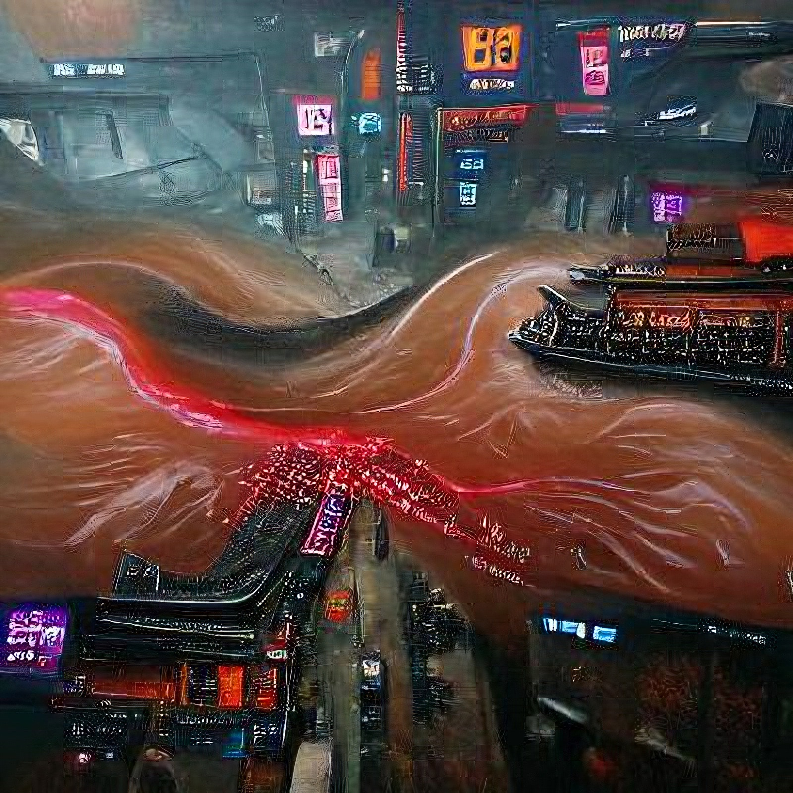 Abstract painting of a red river flowing through a futuristic cityscape at night.
