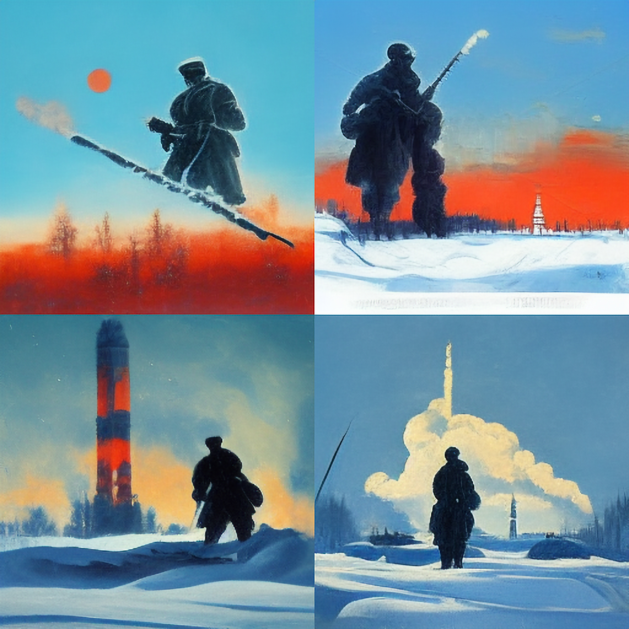 Quadrant image of Soviet-era paintings depicting soldiers in snowy landscapes with rockets or rocket-related imagery.