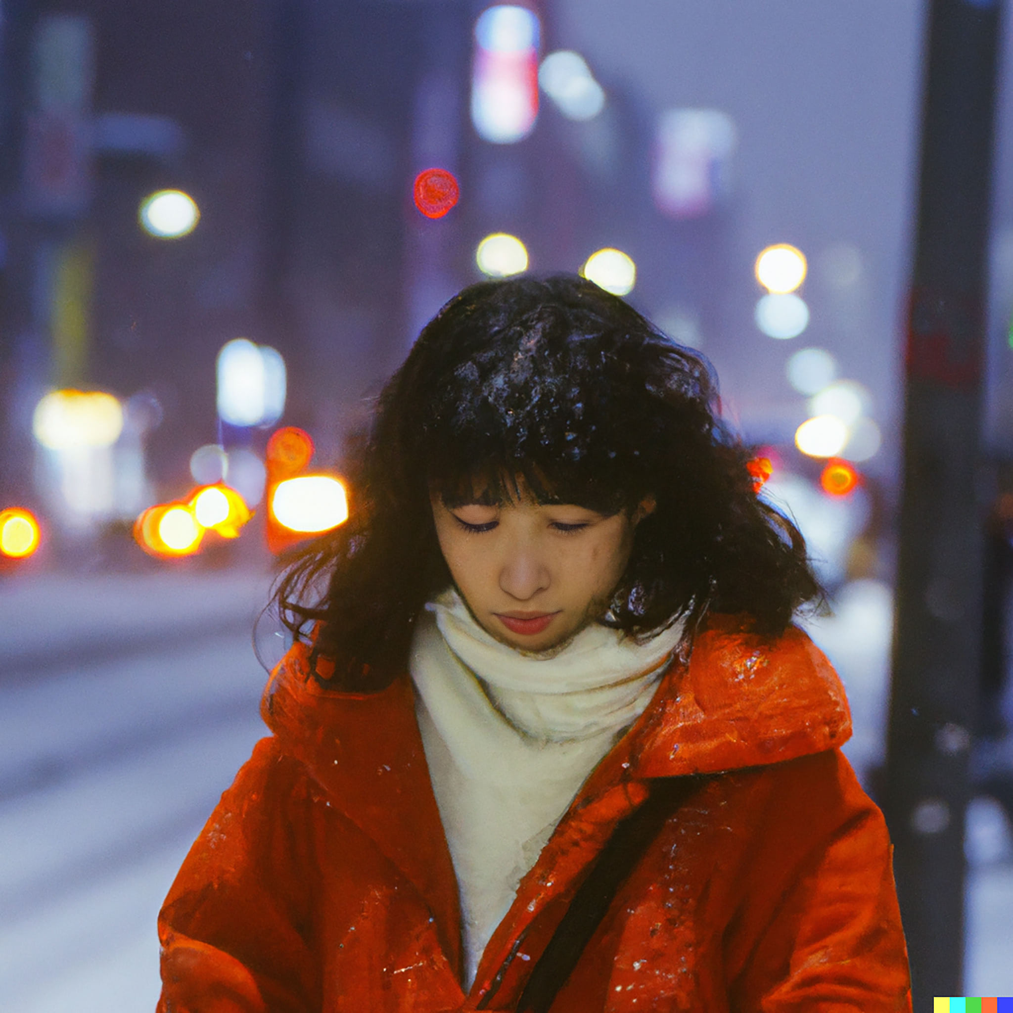 Sad woman in red coat in snowy Tokyo.