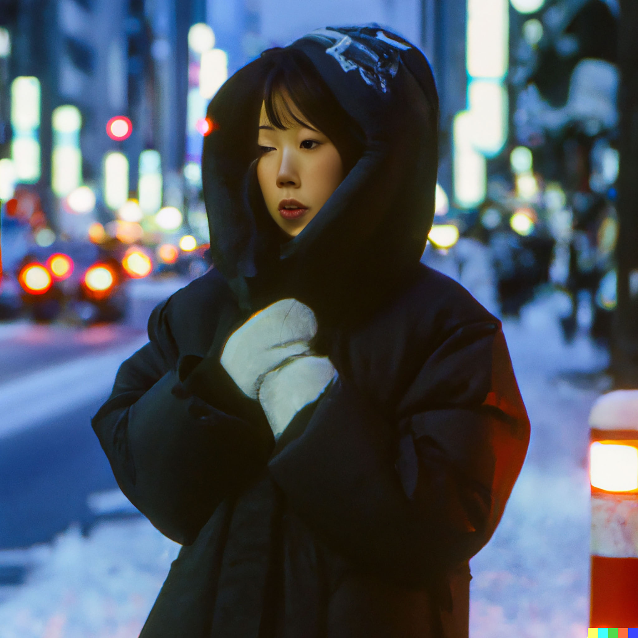 Sad young woman in a dark hooded coat in snowy Tokyo at night.