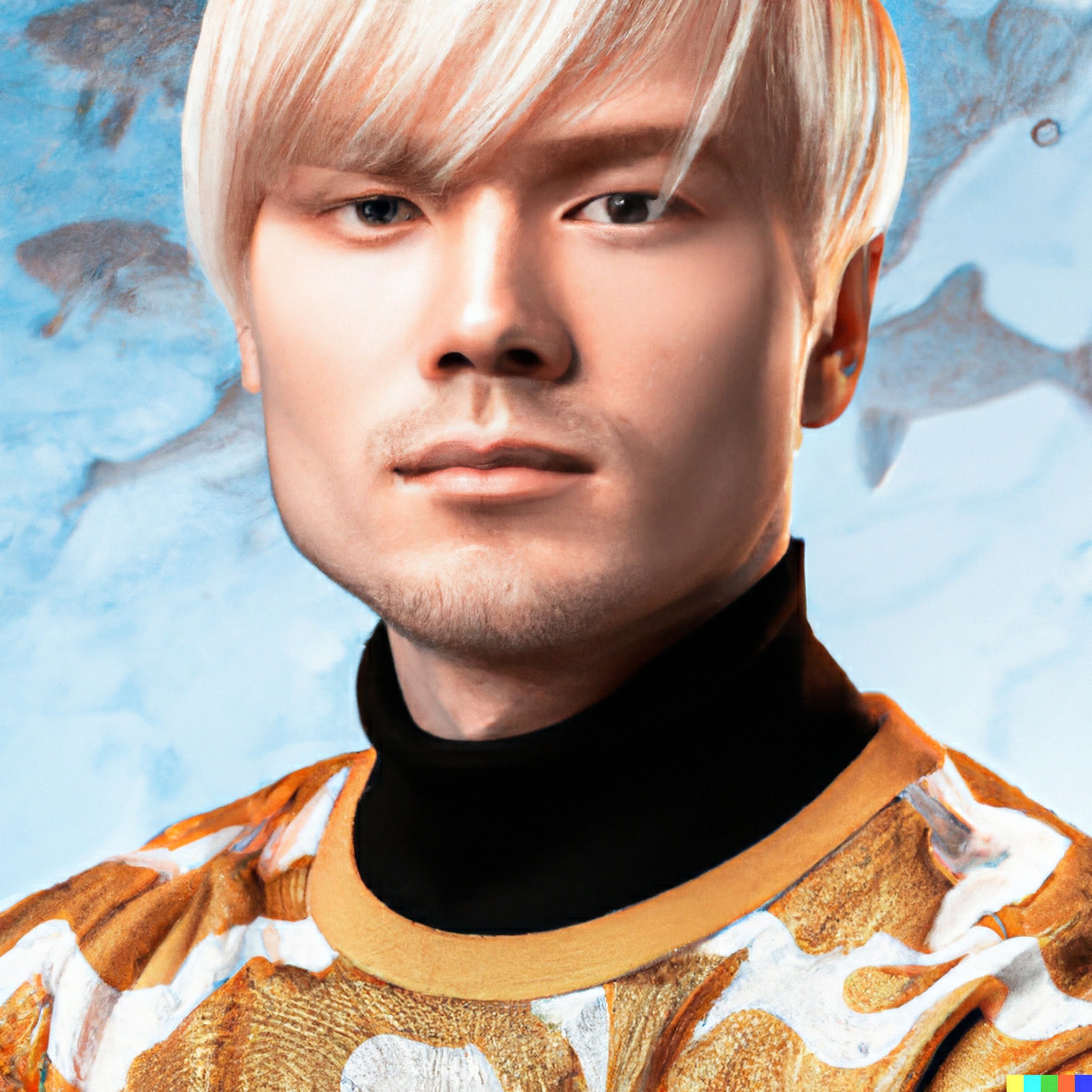 Close-up portrait of a young man with blond hair, wearing a black turtleneck and gold patterned shirt.