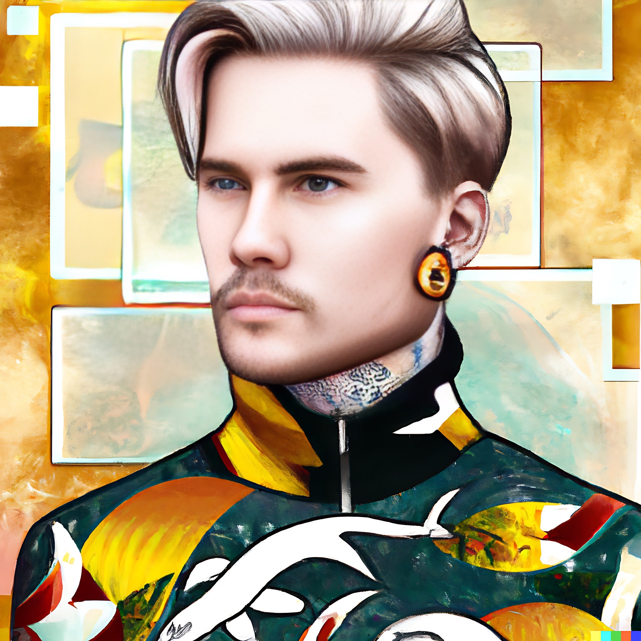 Portrait of a light-skinned man with blond hair, wearing a colorful, patterned jacket and large earrings.