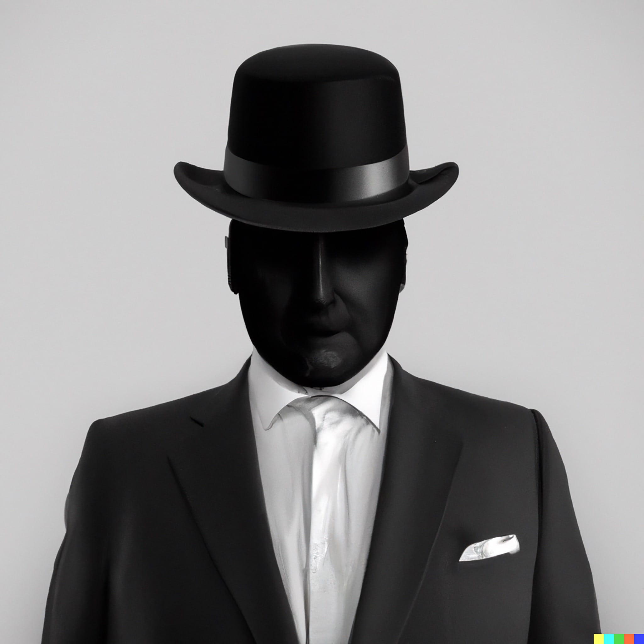 Faceless man in black suit and hat.