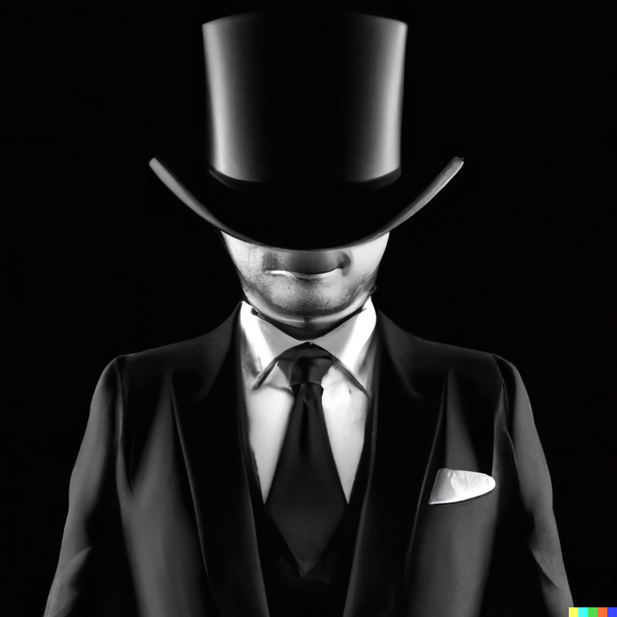 Black and white image of a man in a suit and top hat, face obscured by shadow.