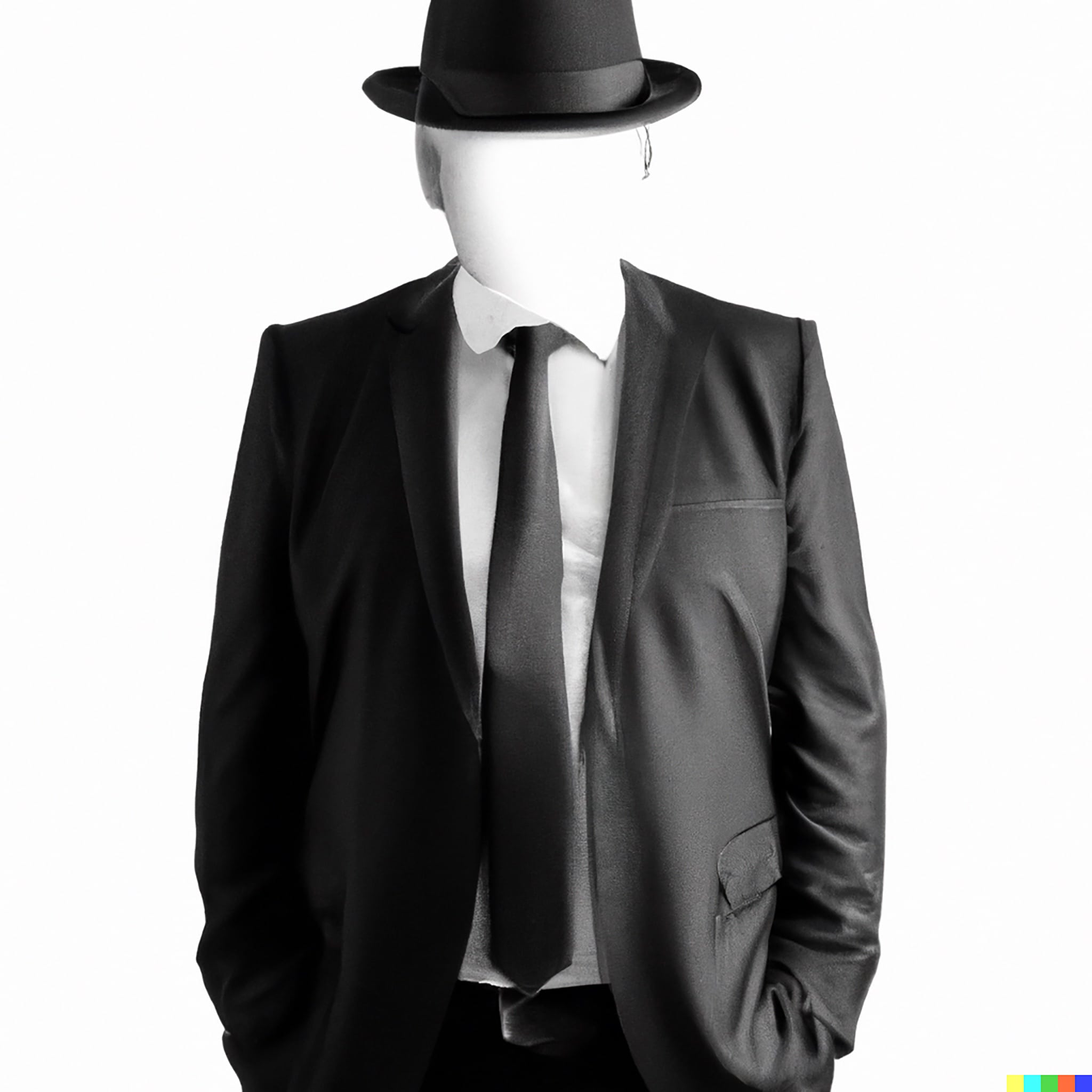 Faceless man in a black suit and hat.