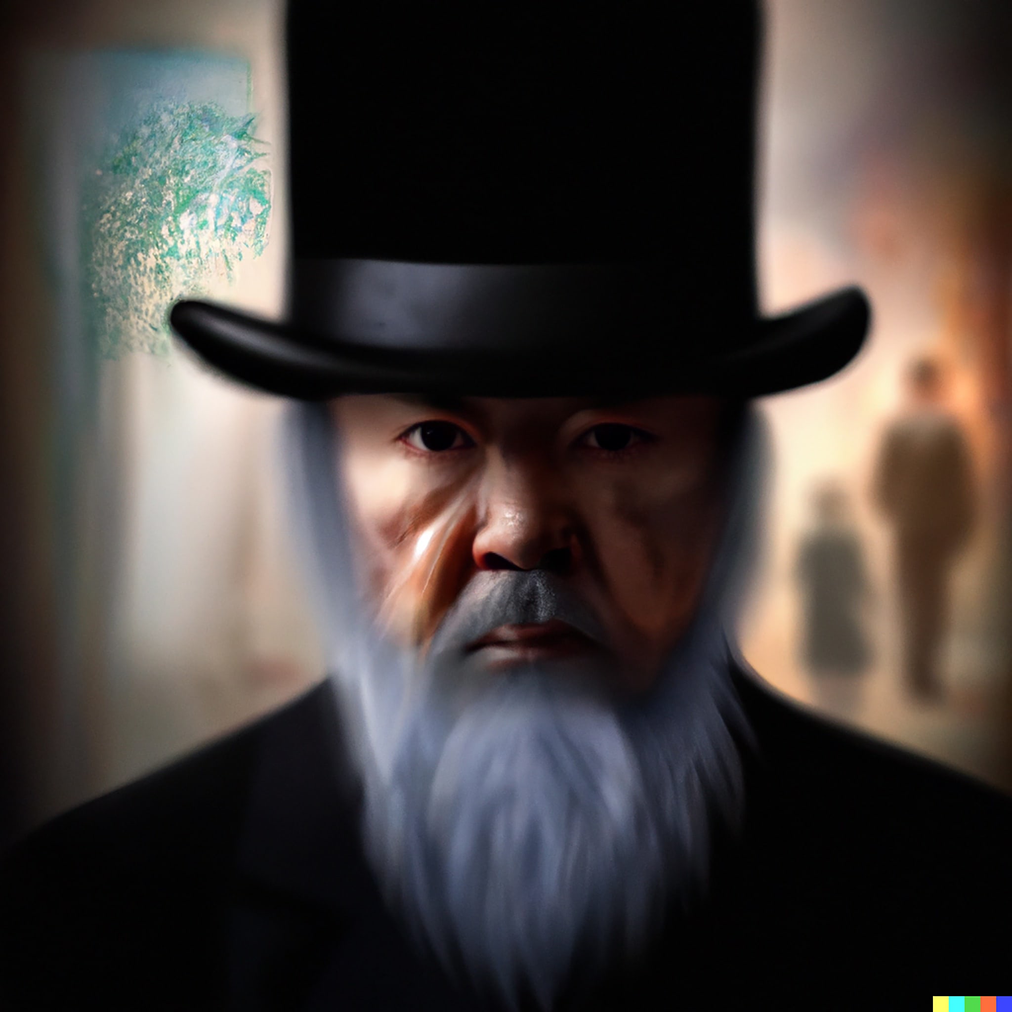 Close-up of a faceless elderly man in a black top hat and suit.