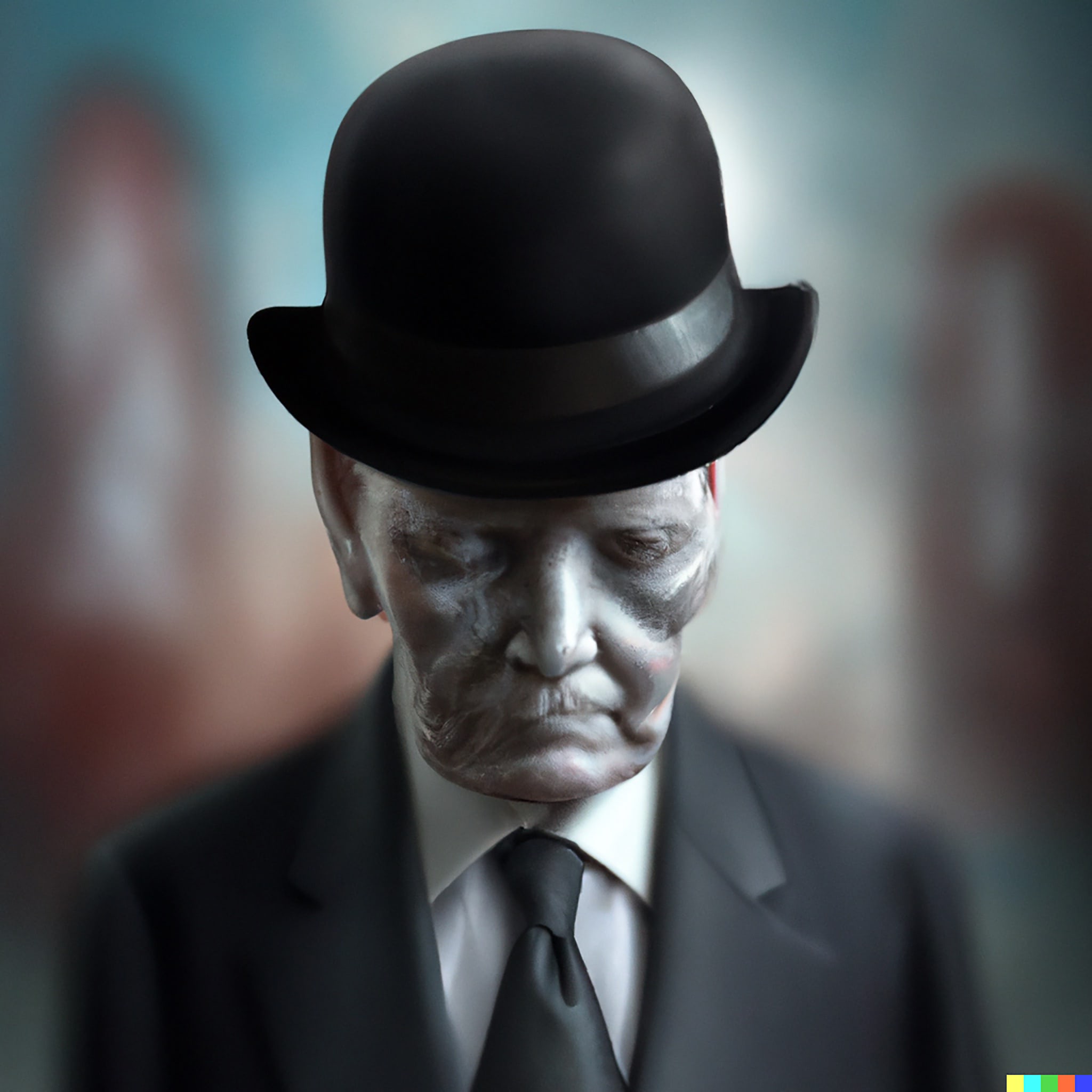 Faceless elderly man in a black bowler hat and suit.