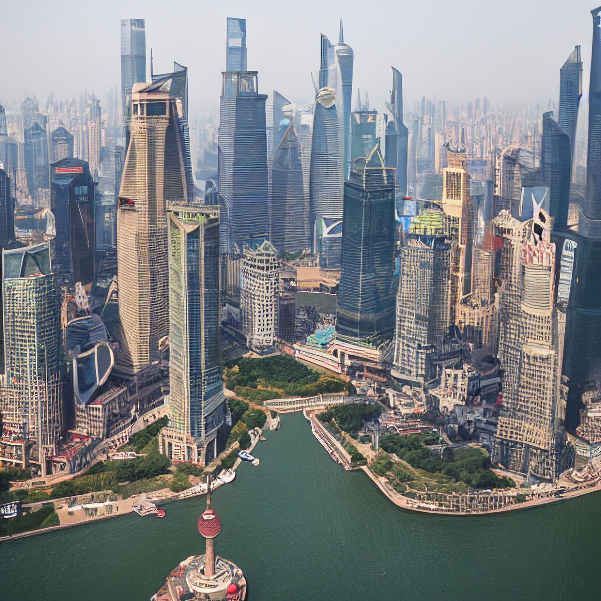 Aerial view of Shanghai's skyscrapers and the Huangpu River.