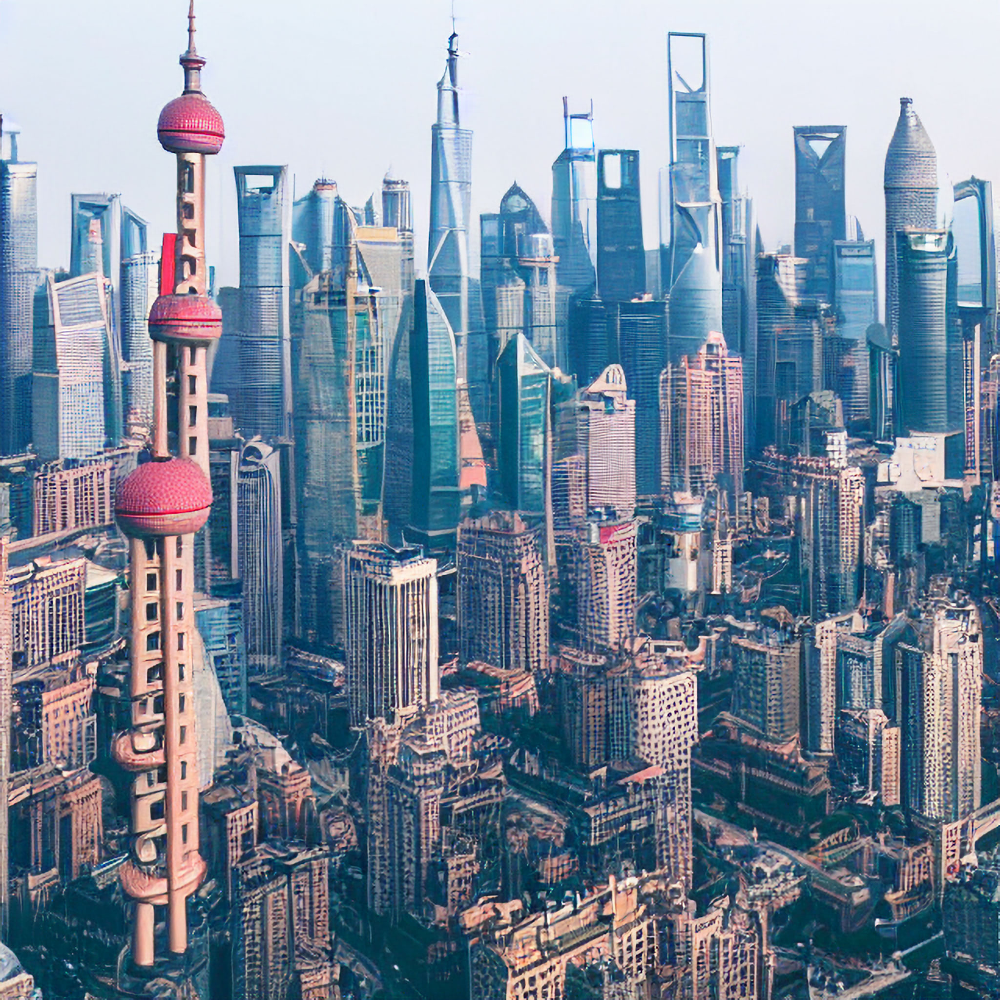 Shanghai skyline with the Oriental Pearl Tower prominent in the foreground.