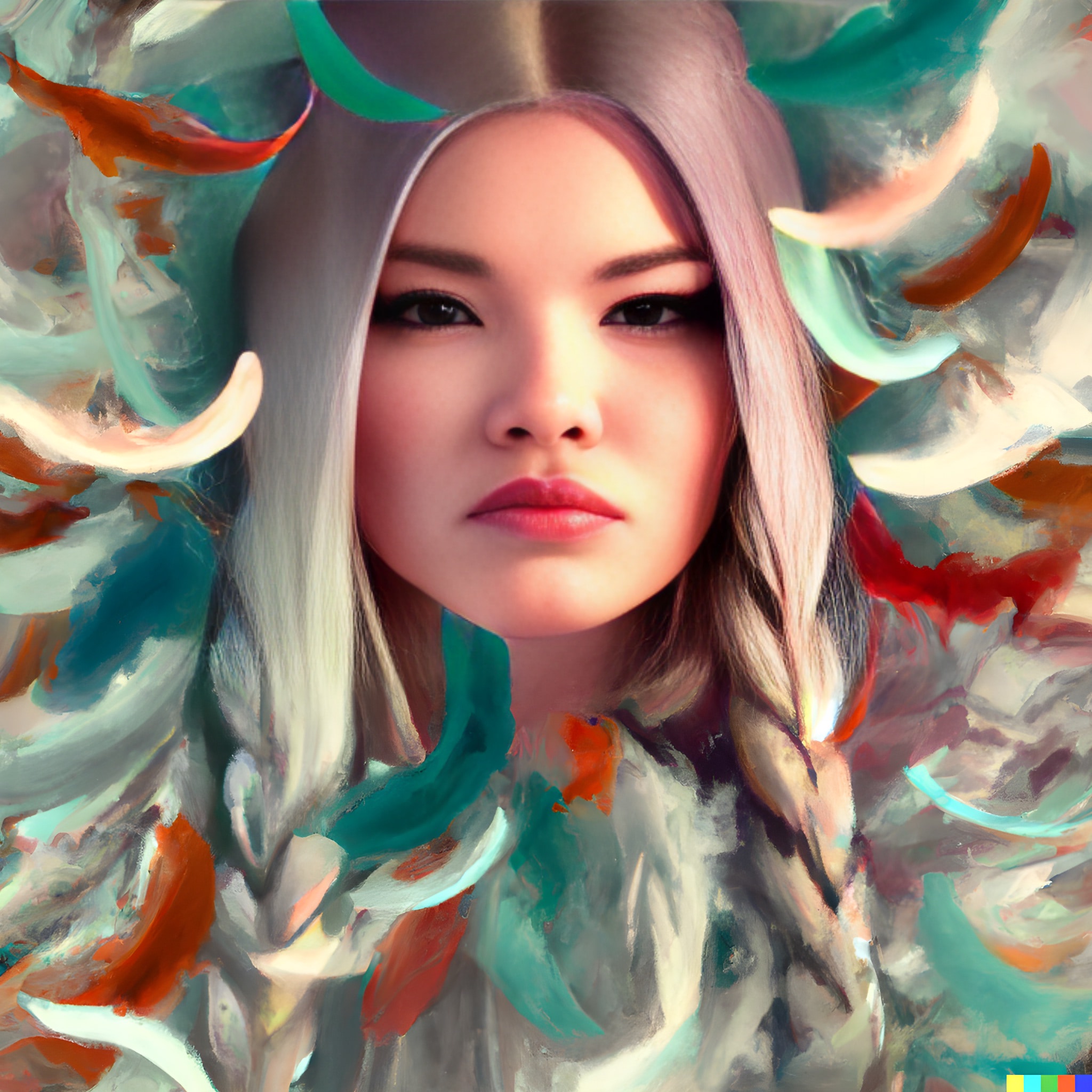 Portrait of a young woman with long, white, curly hair, set against an abstract background of teal, orange, and white brushstrokes.