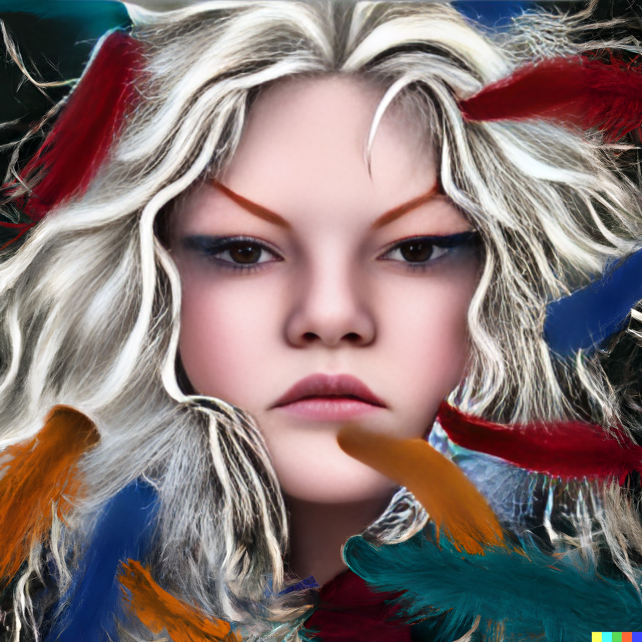 Portrait of a girl with long, white, curly hair surrounded by colorful feathers.