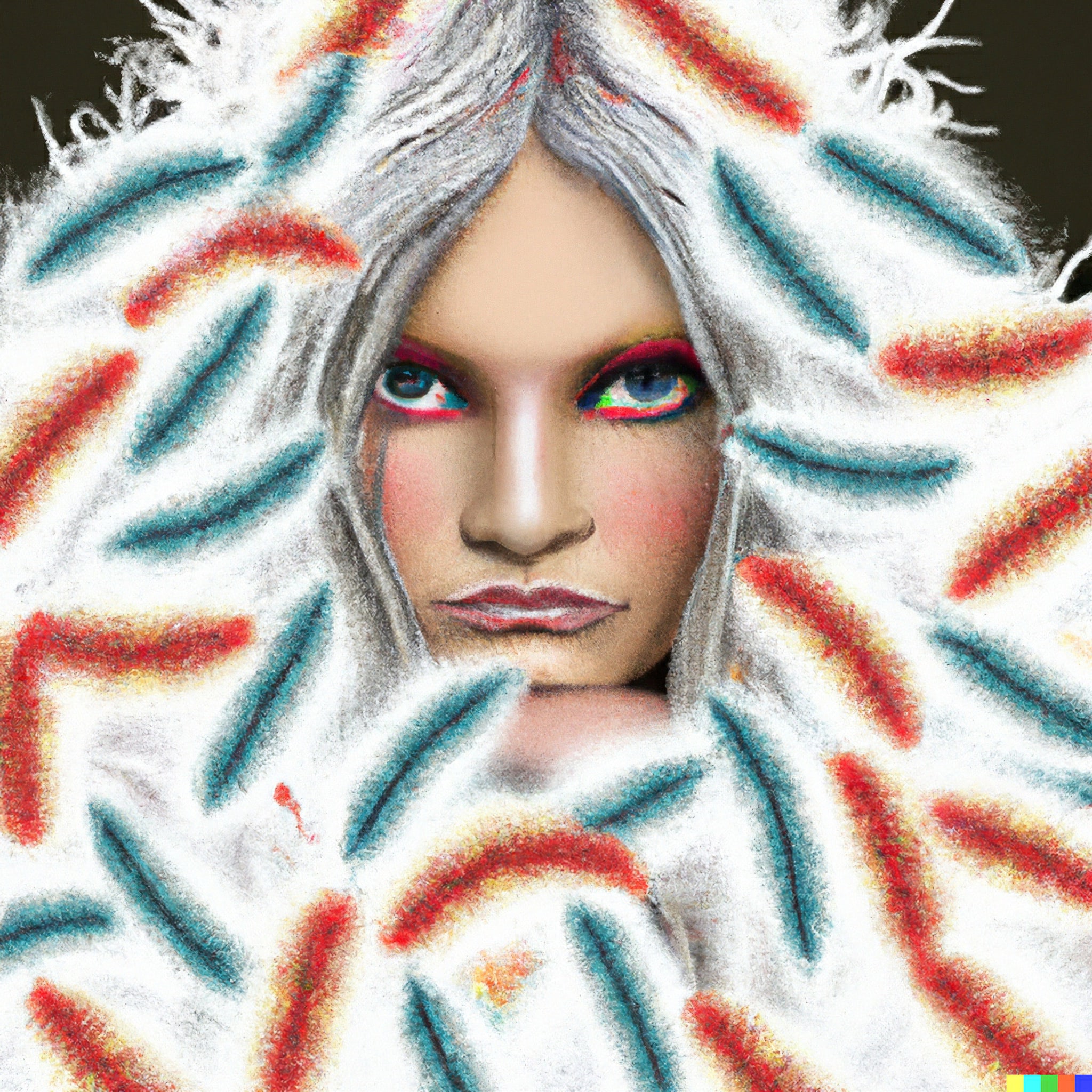 Portrait of a woman with long, white, curly hair partially obscured by an abstract pattern of teal, red, and orange.