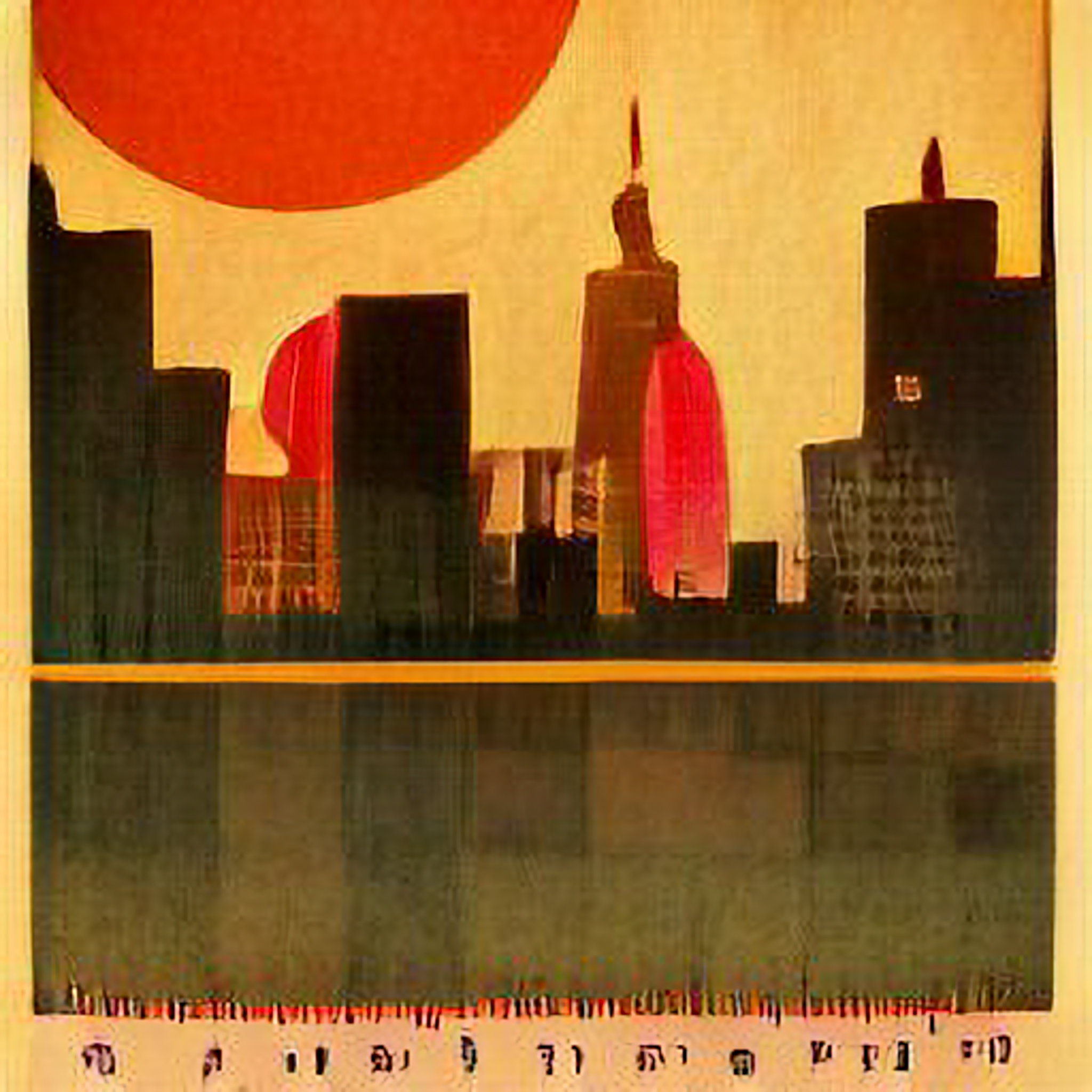 Stylized cityscape with large red sun.