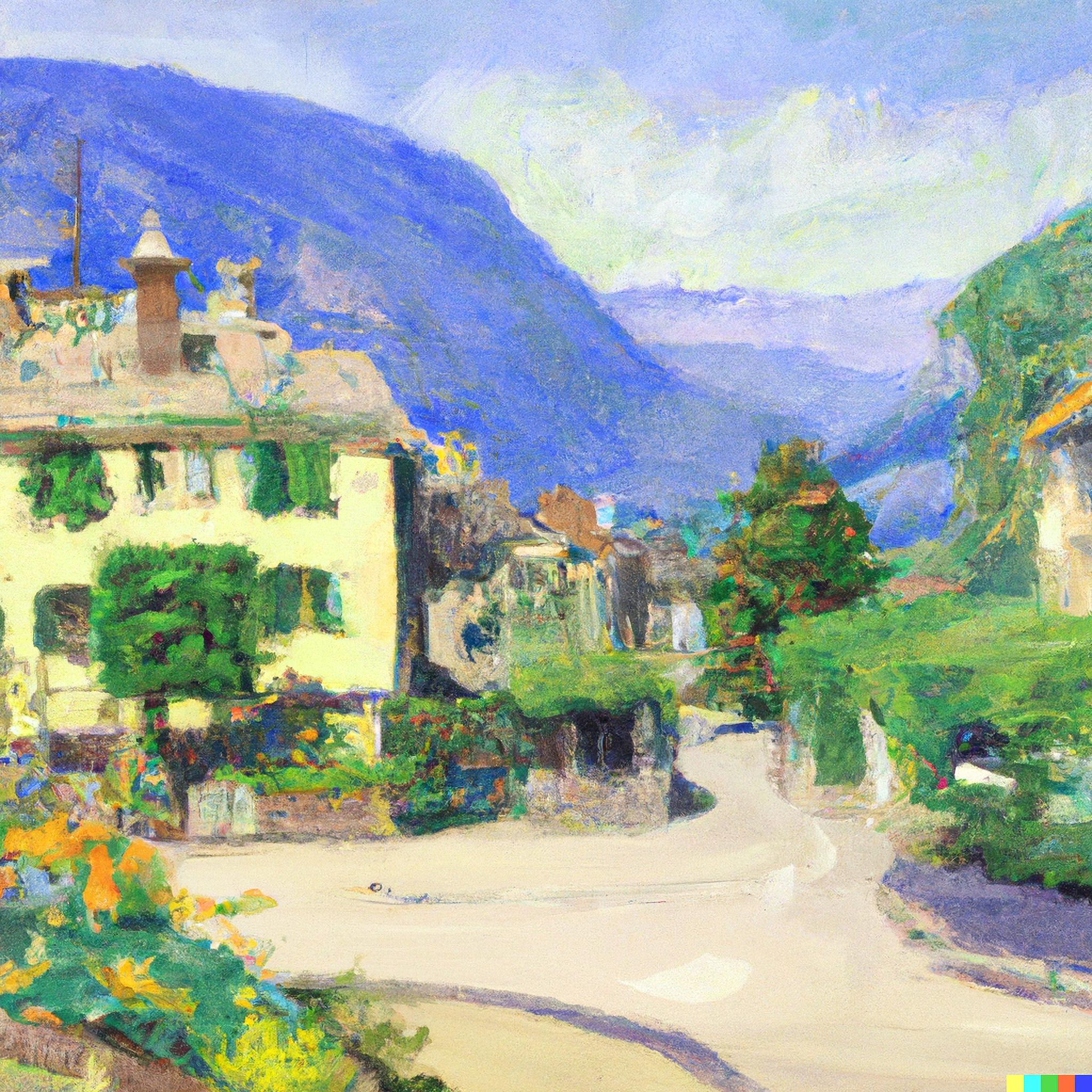 Painting of a Swiss village nestled in a valley with mountains in the background.