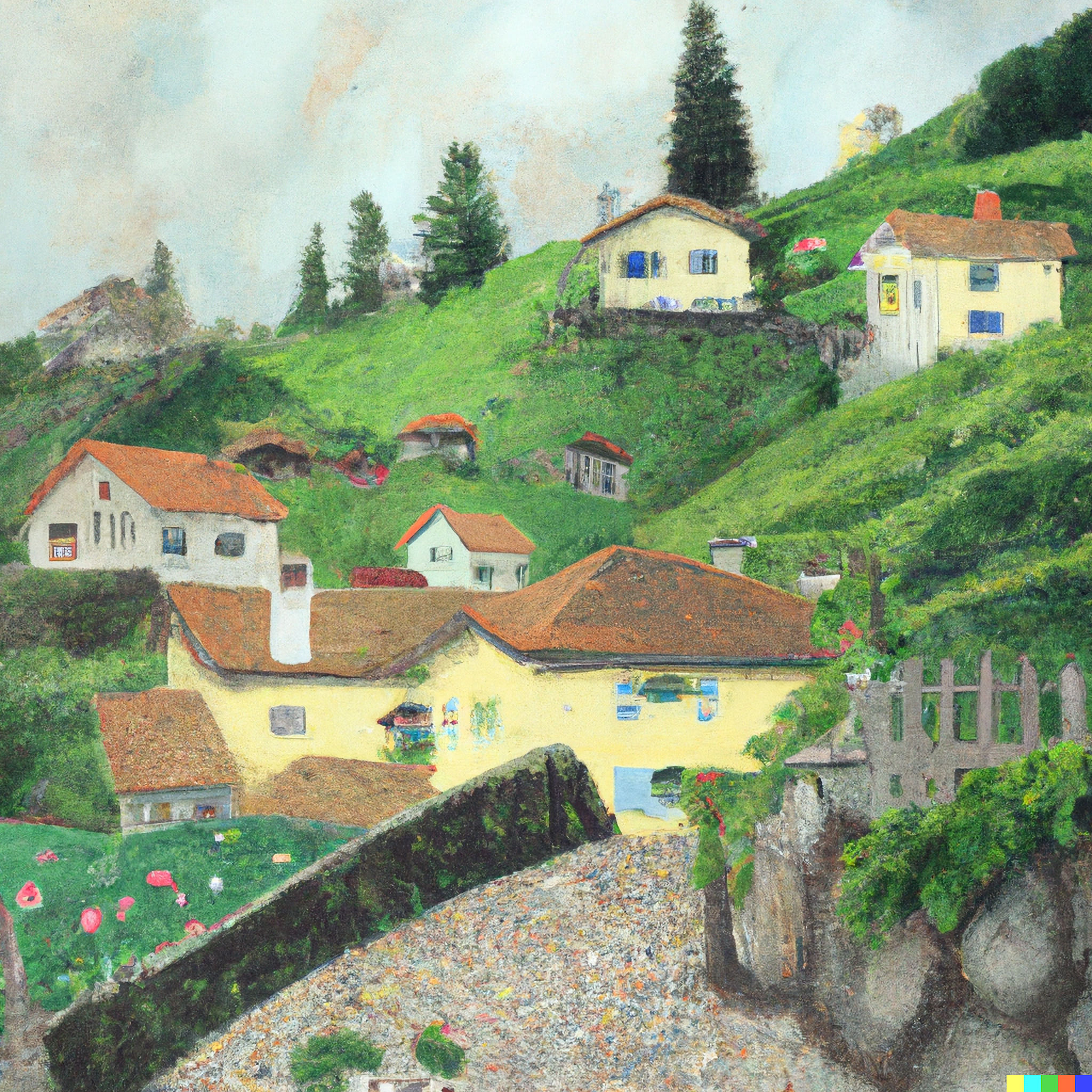 Painting of a small Swiss village nestled on a hillside.