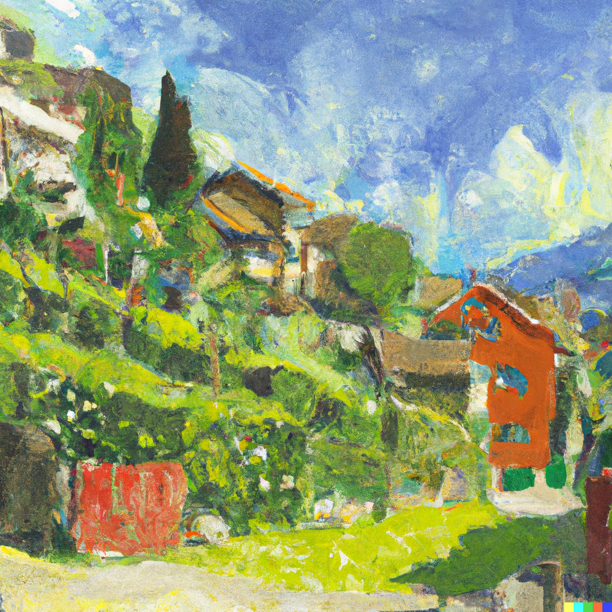 Painting of a Swiss village nestled in a lush, green hillside, with a prominent orange building.