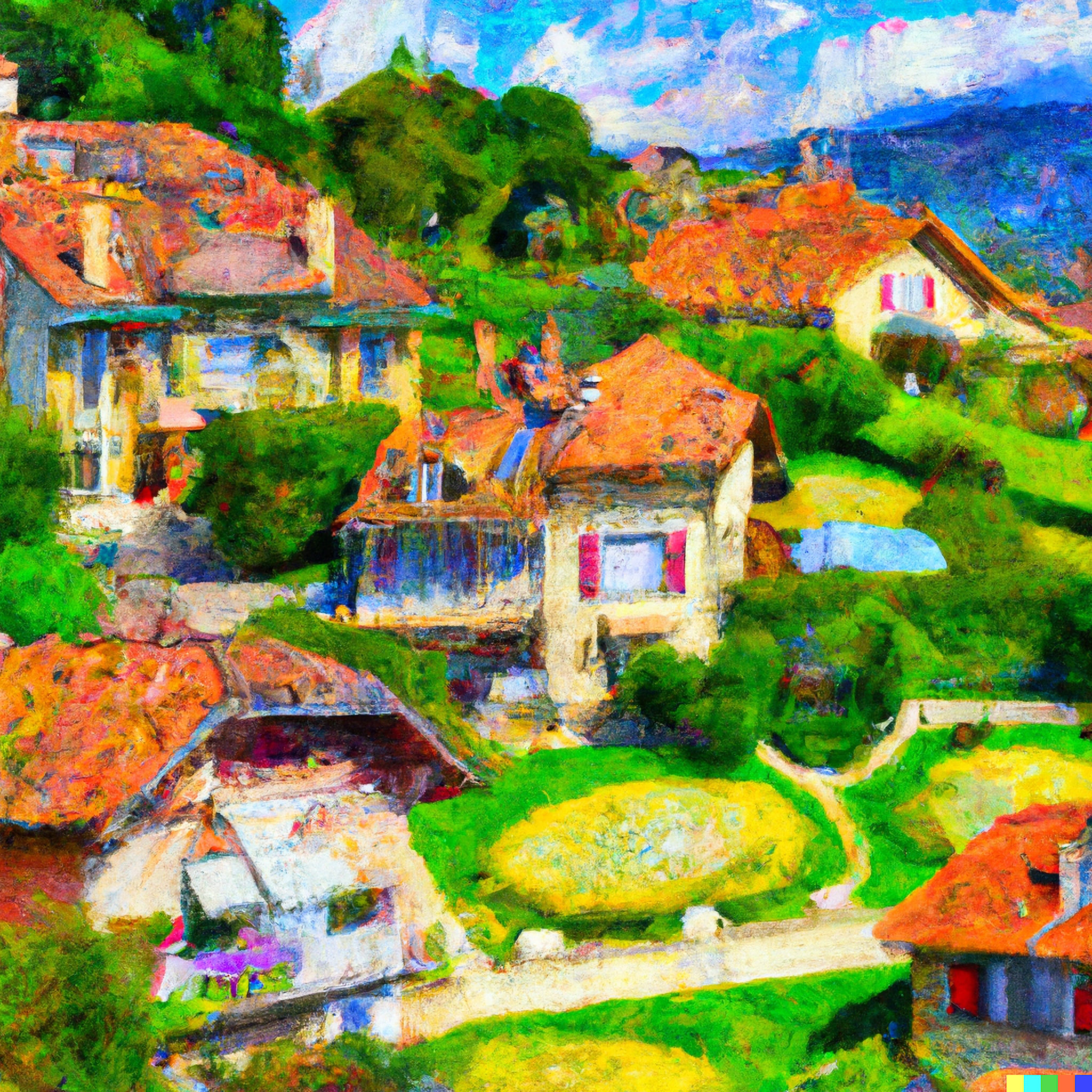 Painting of a Swiss village with colorful houses and lush green landscape.