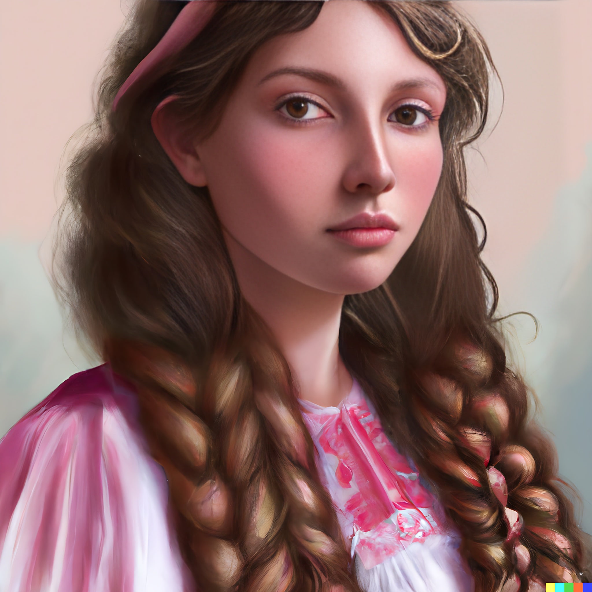 Portrait of a young woman with long brown hair styled in braids, wearing a pink and white traditional Slavic dress.