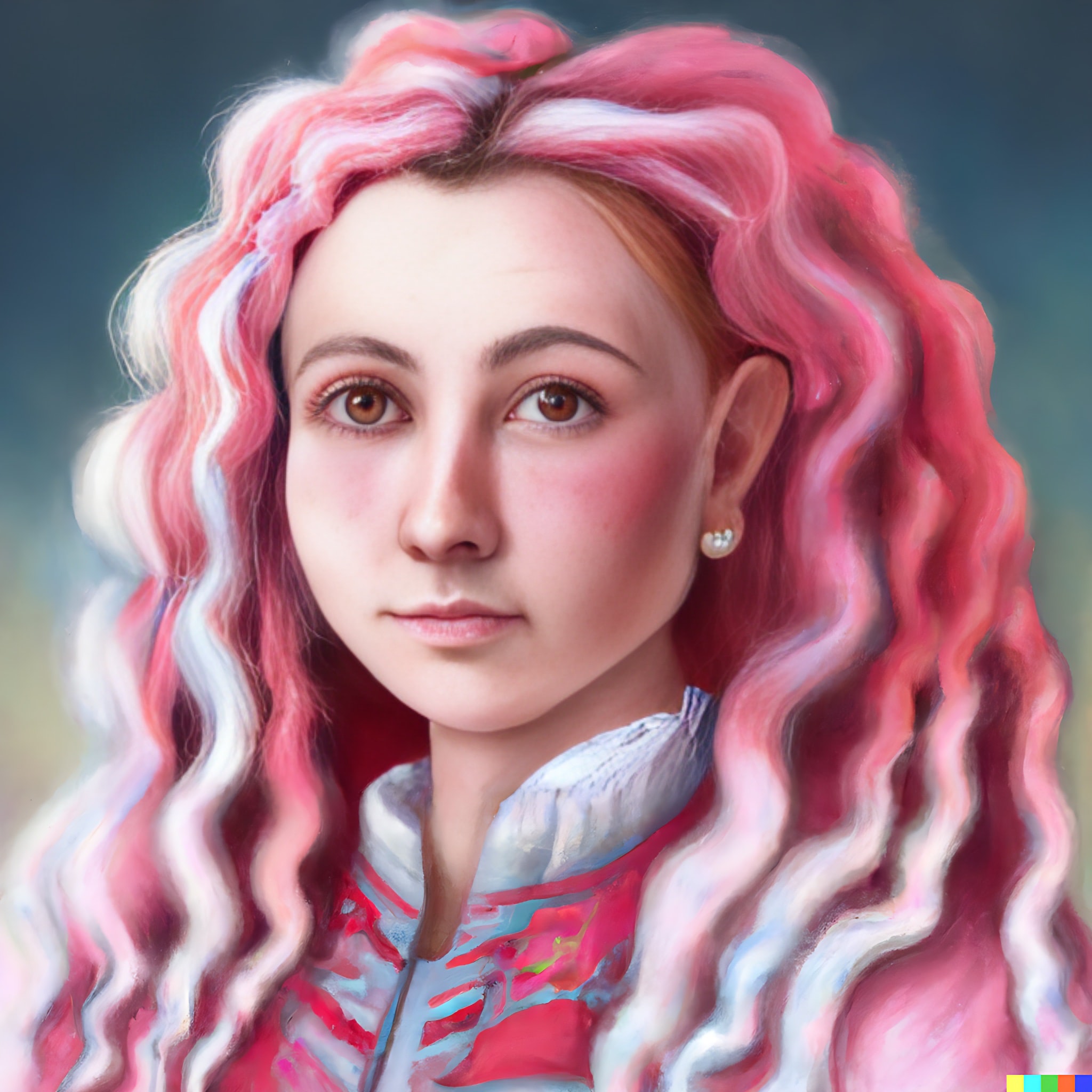 Portrait of young woman with long pink and white curly hair, wearing traditional Slavic clothing.