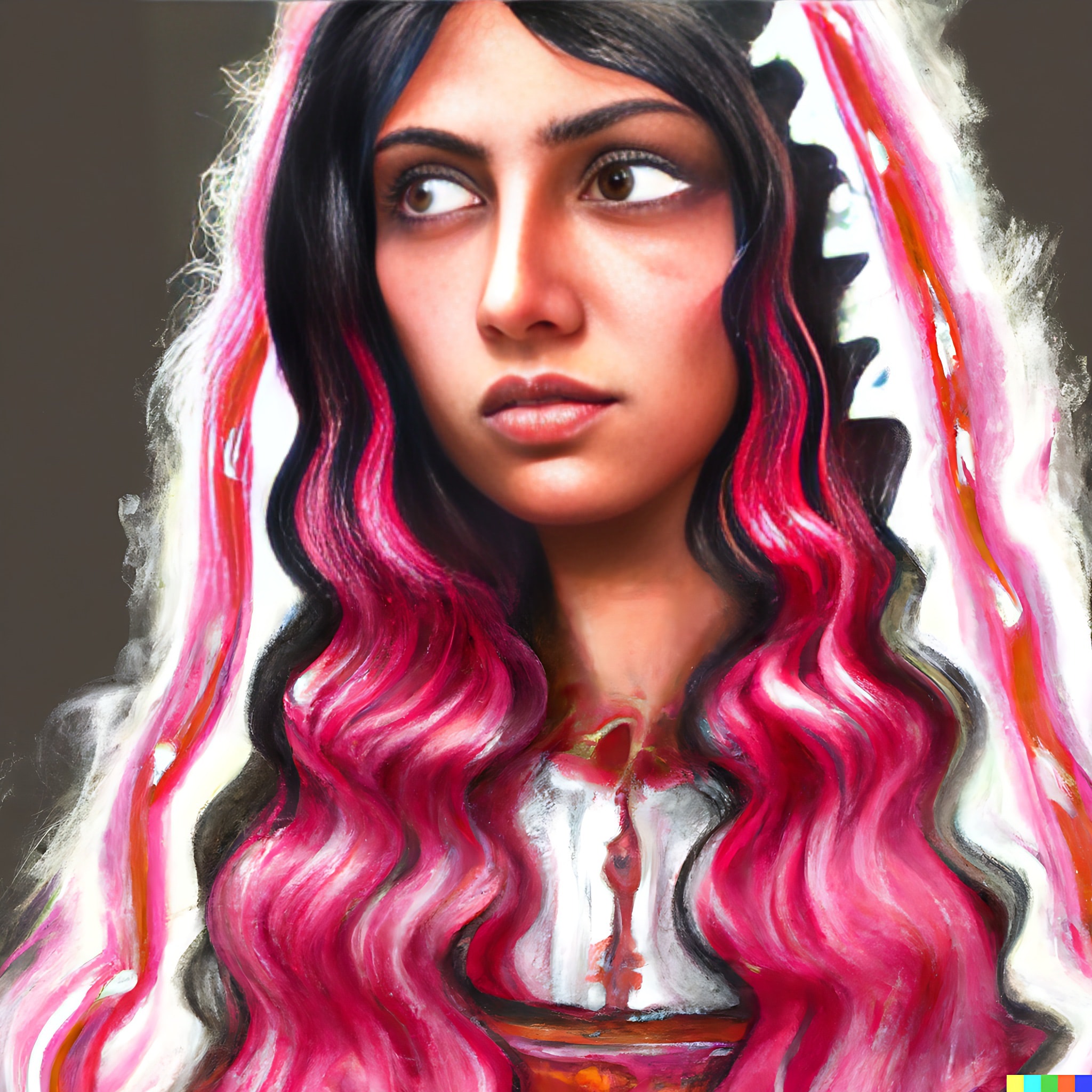 Painting of a young woman with long, pink curly hair wearing traditional Slavic clothing.