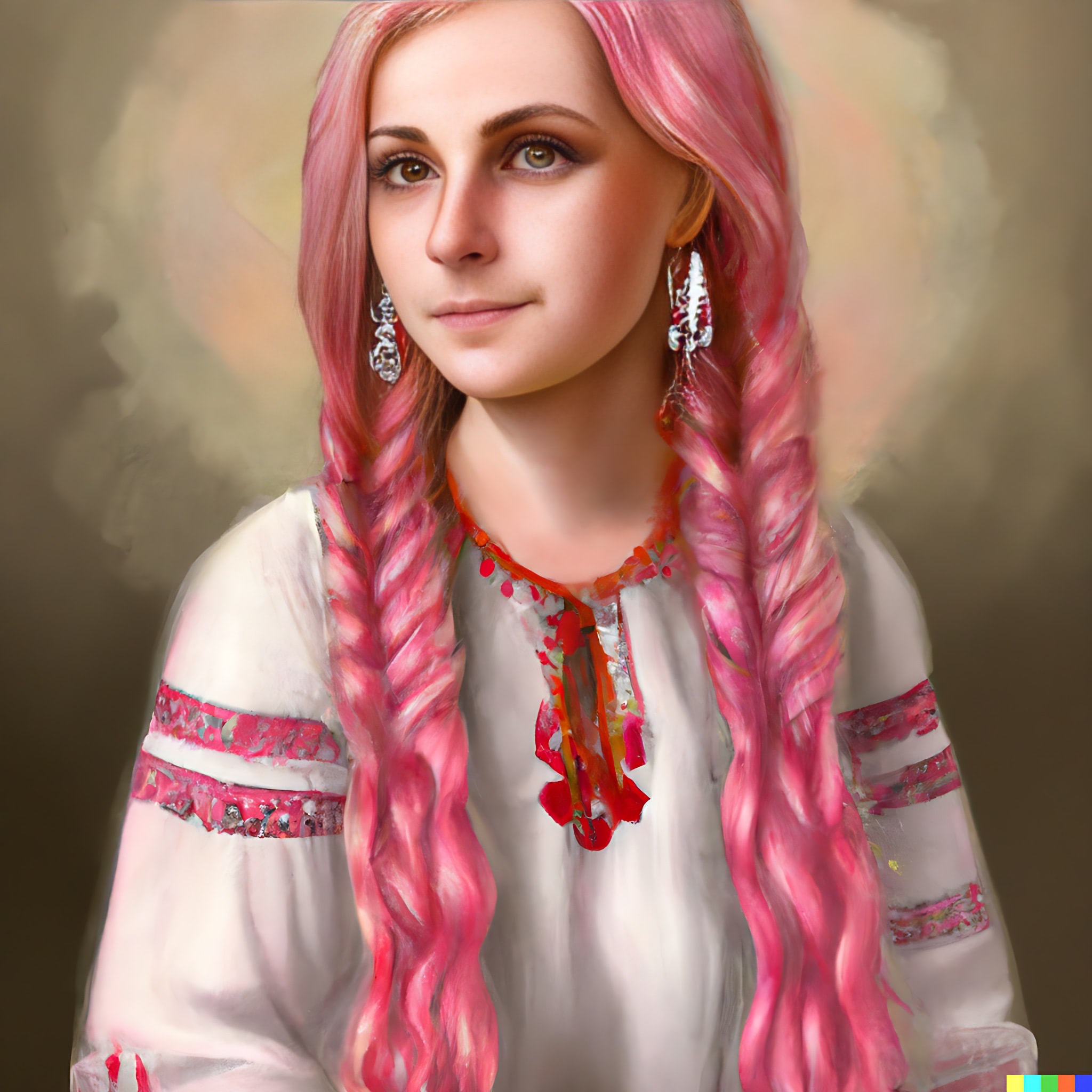 Young woman with long pink braids wearing traditional Slavic clothing.