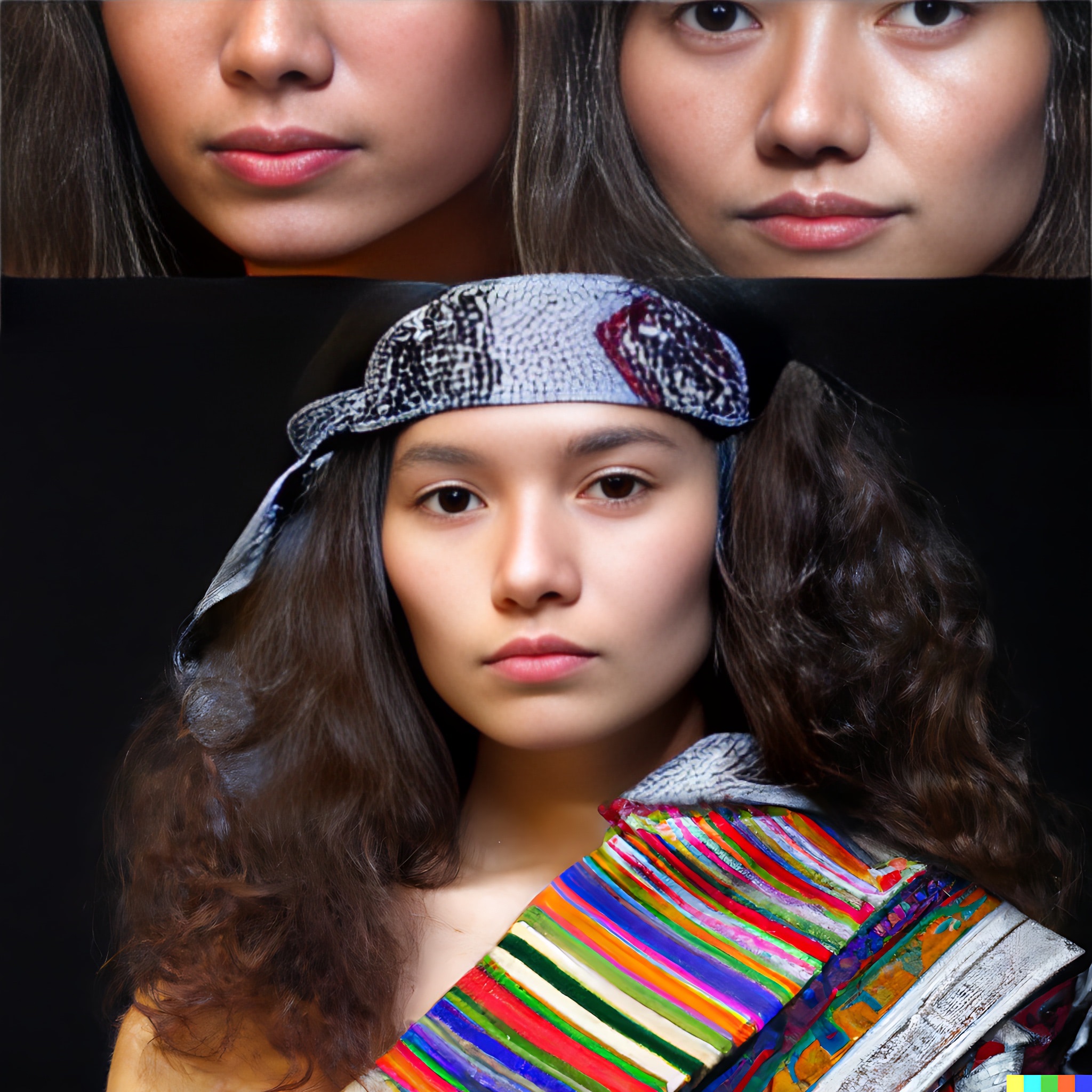 Young woman with long brown hair wearing a colorful striped garment and patterned head scarf.