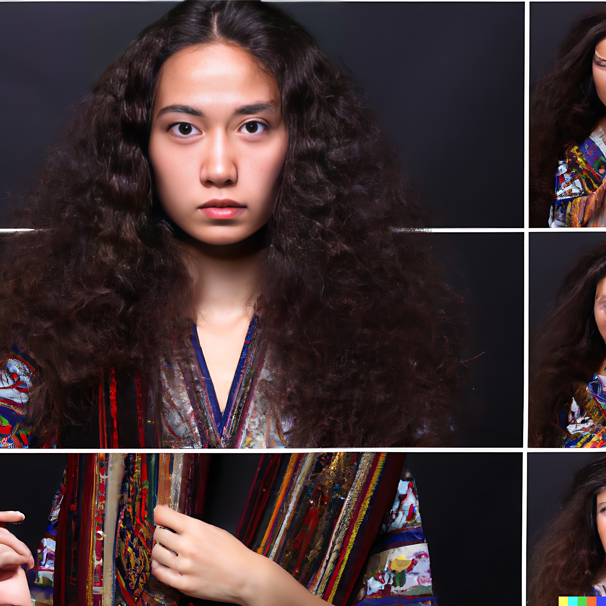 Young woman with long curly brown hair, wearing a colorful, paint-splattered traditional Slavic-style garment.