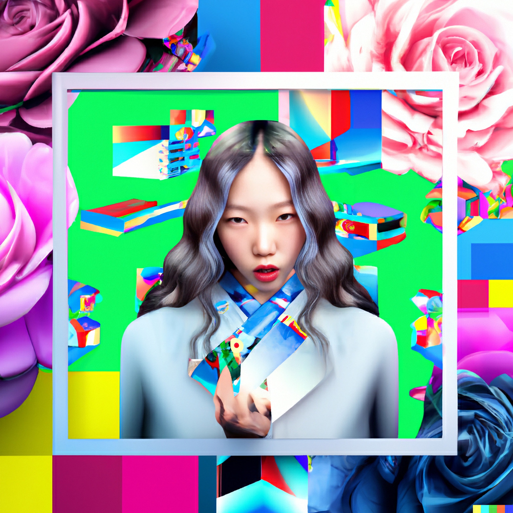 Portrait of a young woman in a hanbok against a vibrant, colorful background.