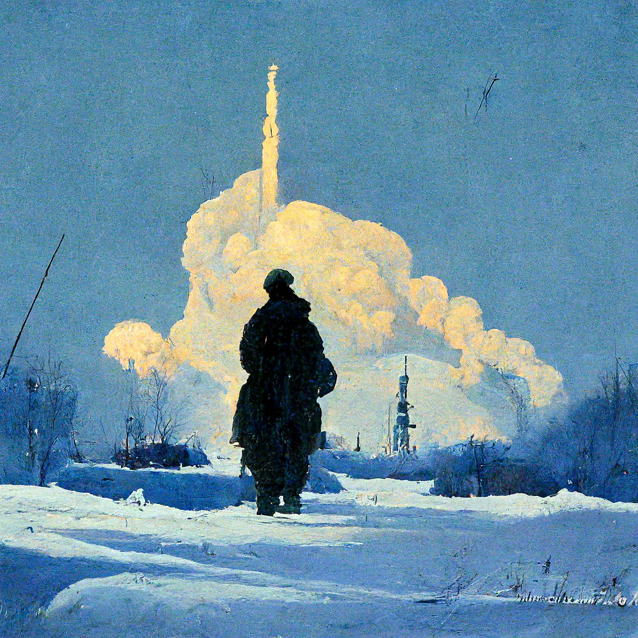 Silhouette of a Soviet soldier walking in a snowy landscape towards a rocket launch.