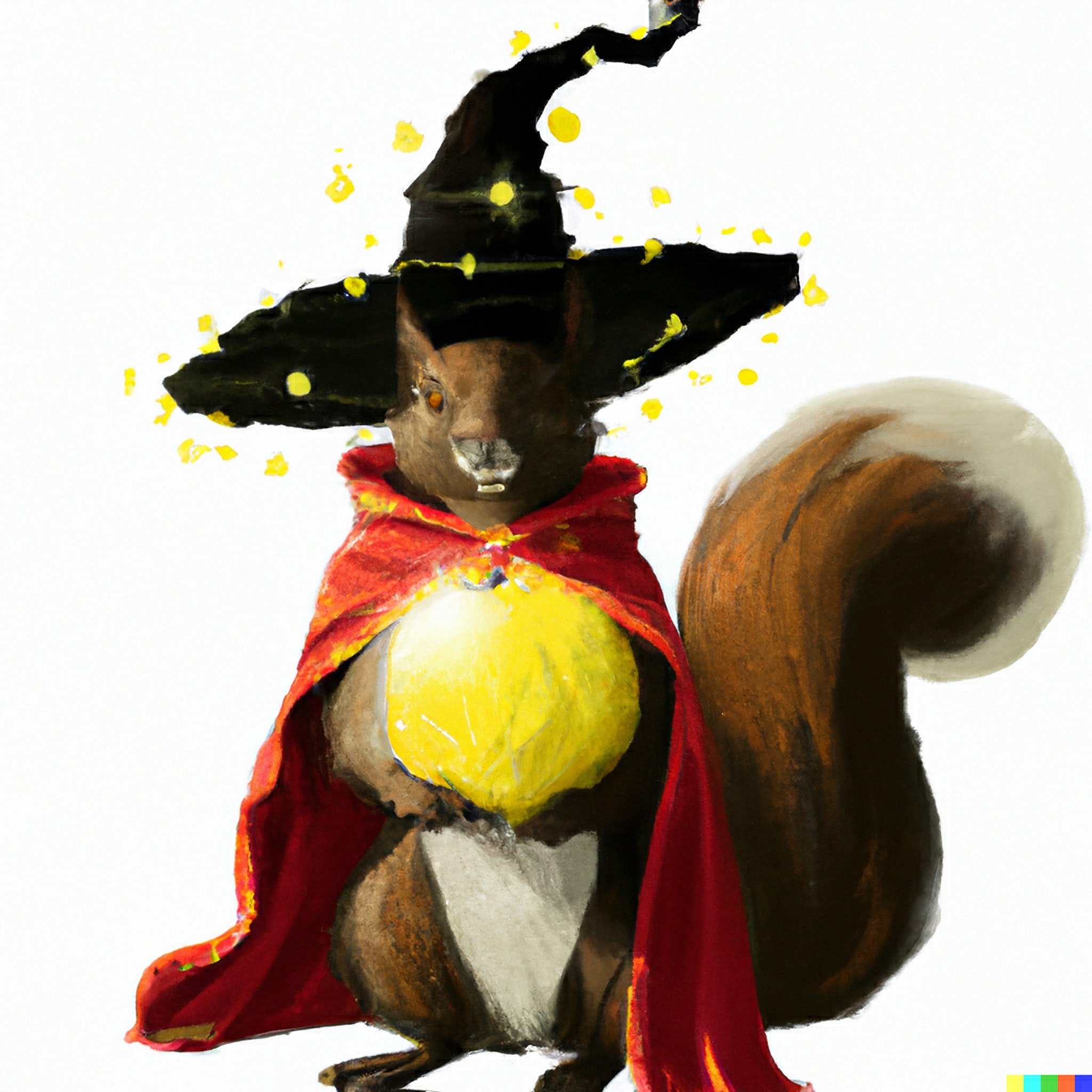 Squirrel wearing a wizard hat and red cape, holding a yellow orb.