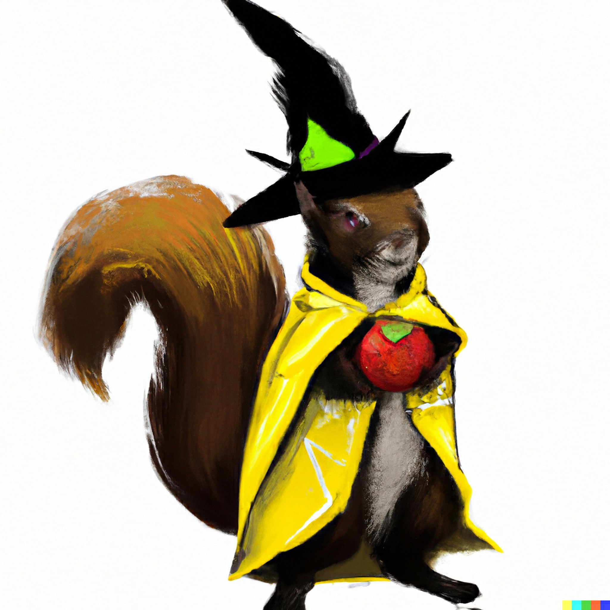 Squirrel wearing a witch's hat and yellow cloak, holding an apple.