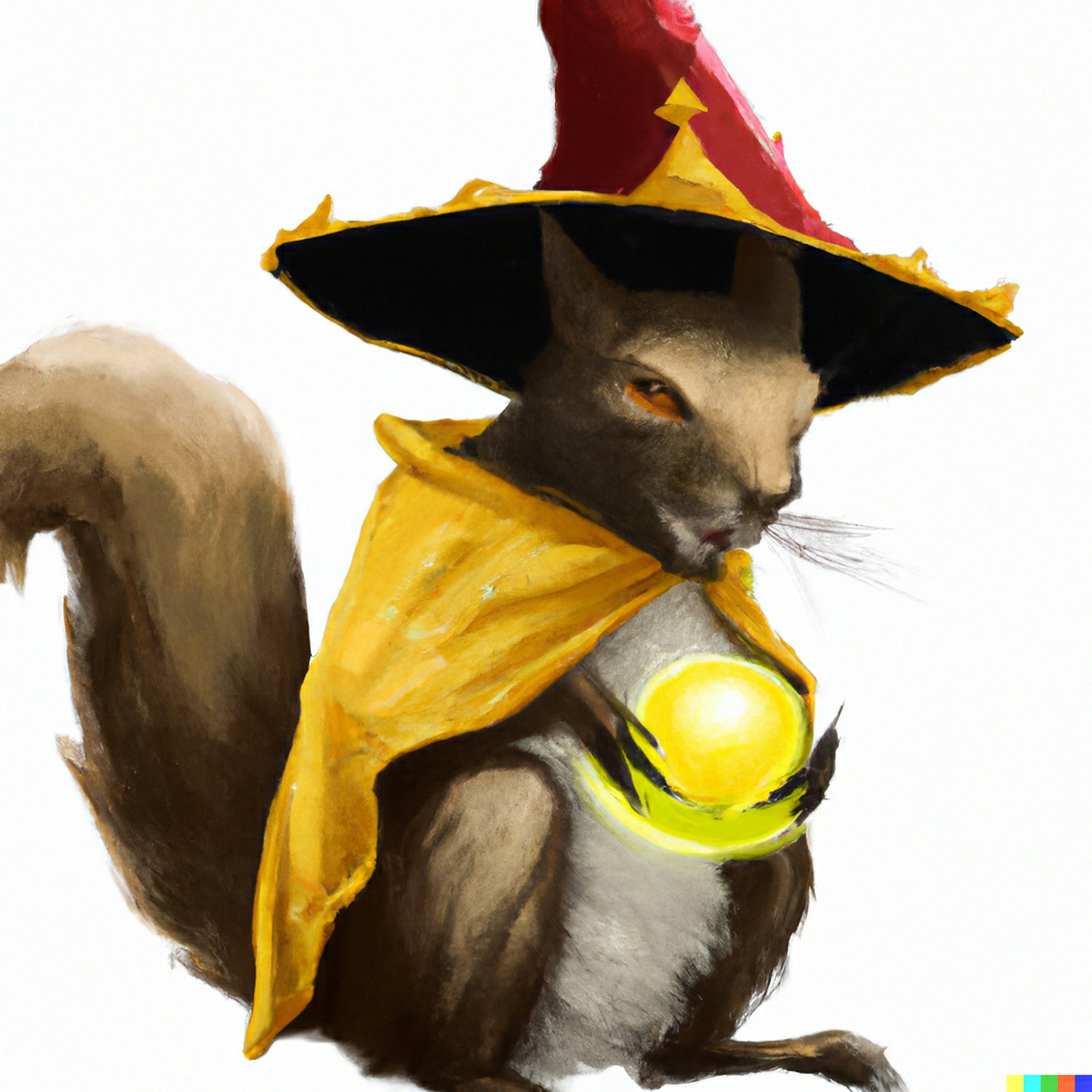 Squirrel wizard holding glowing orb.