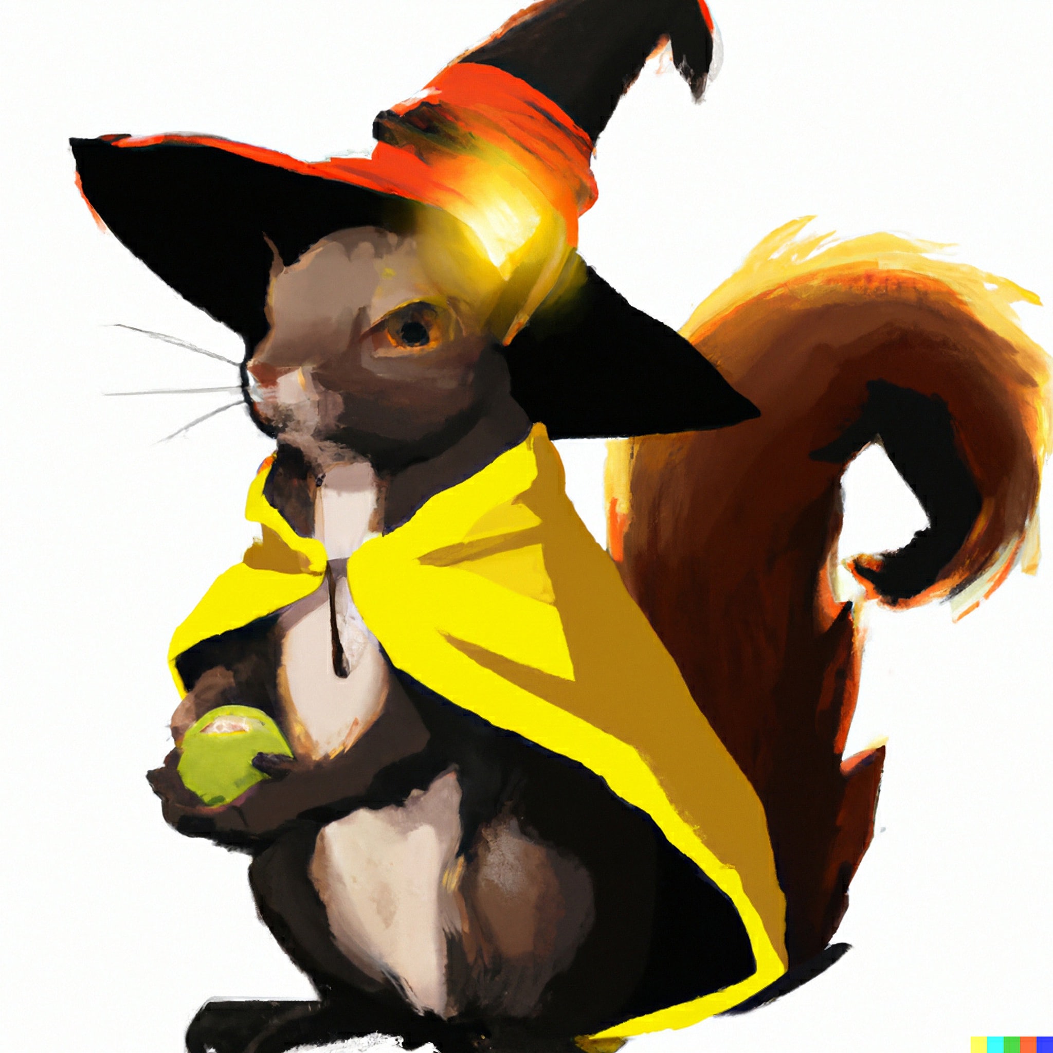 Squirrel wizard wearing a yellow cape and a pointed hat holding a nut.