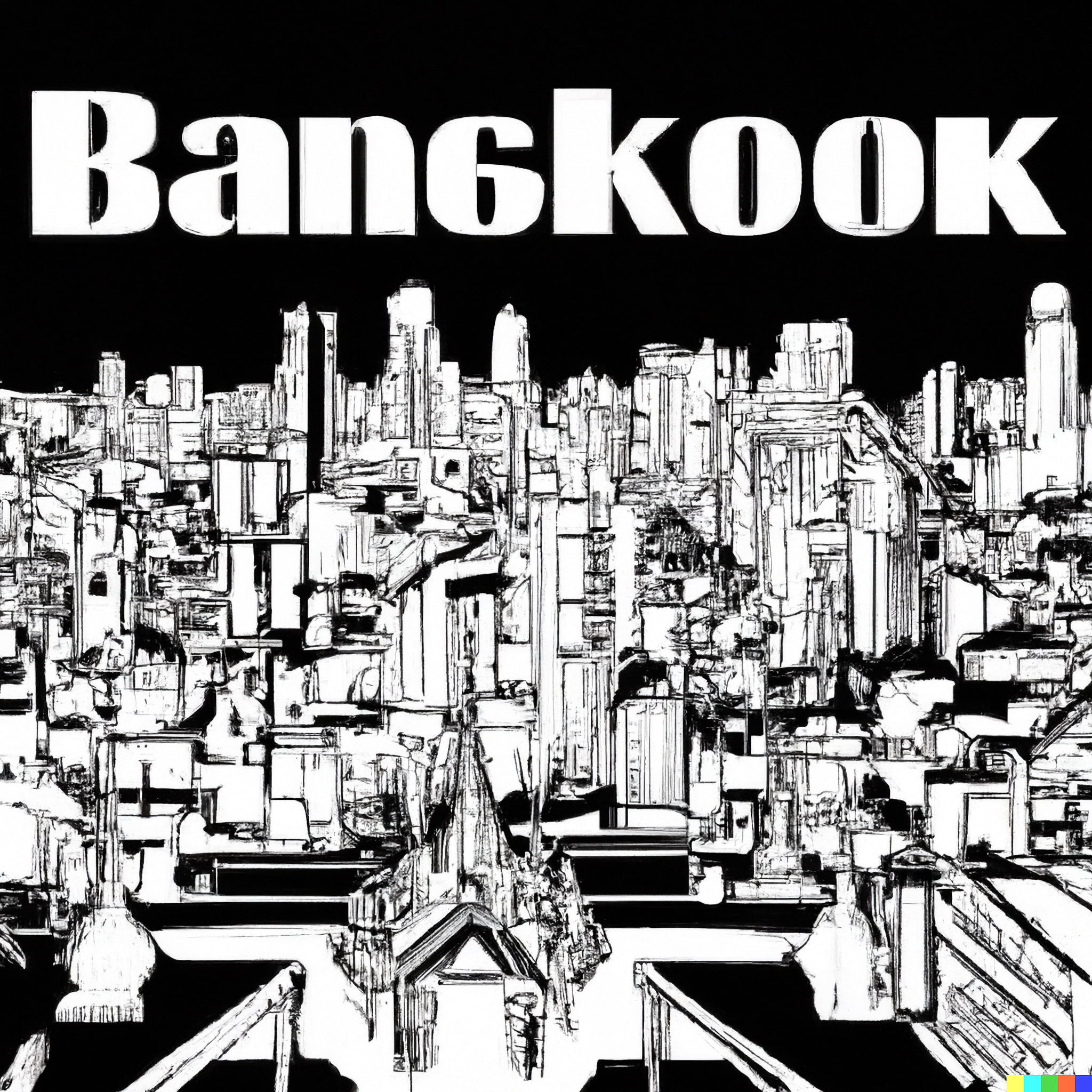 Stylized black and white illustration of the Bangkok skyline.