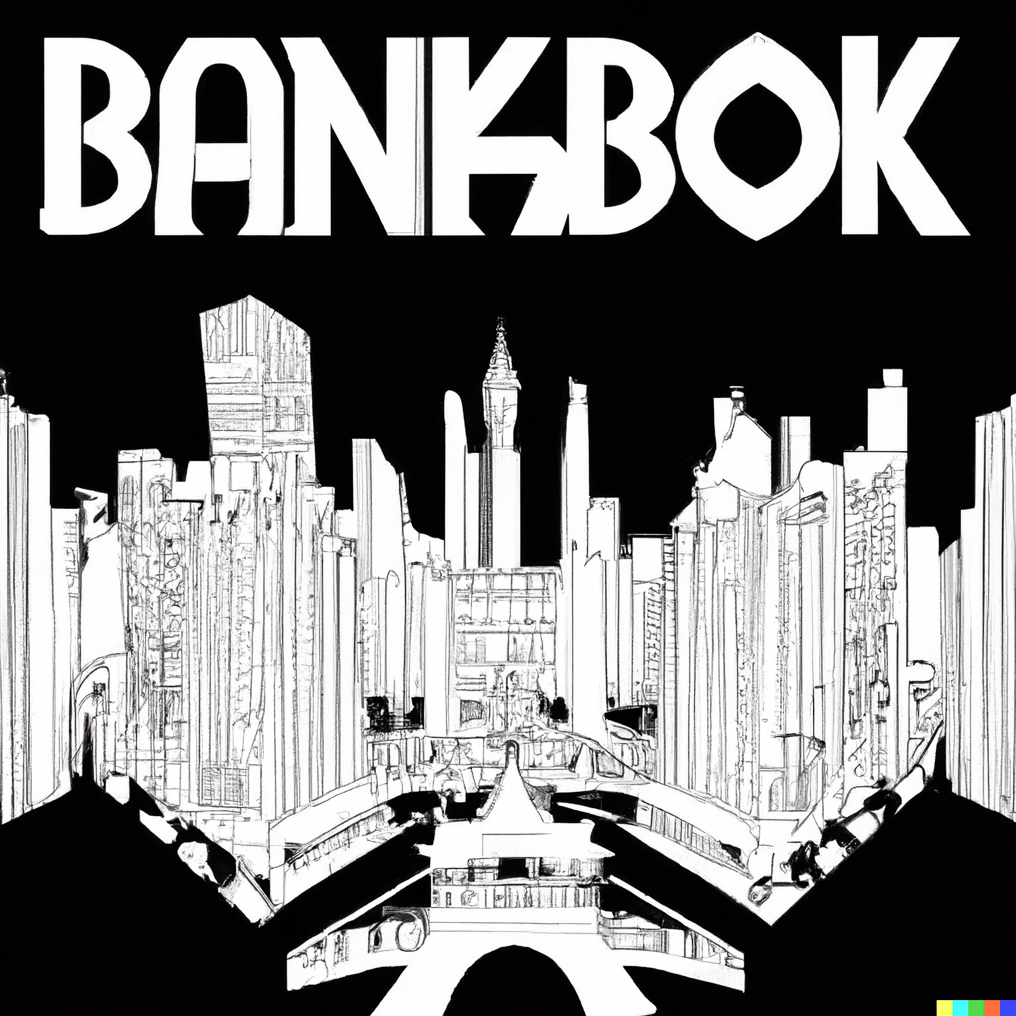 Stylized black and white illustration of the Bangkok skyline with the word 'BANGKOK' at the top.