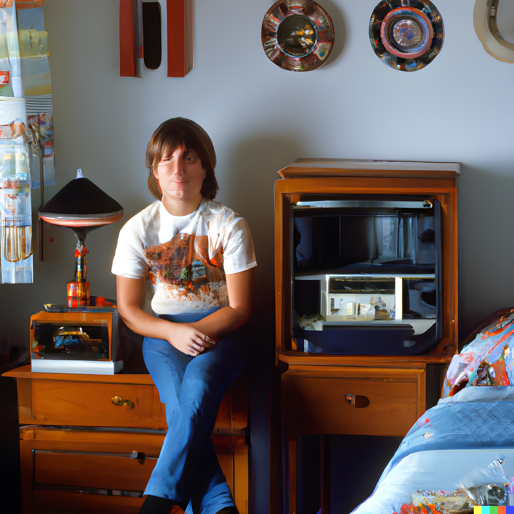Teenage girl in 1970s-style room.