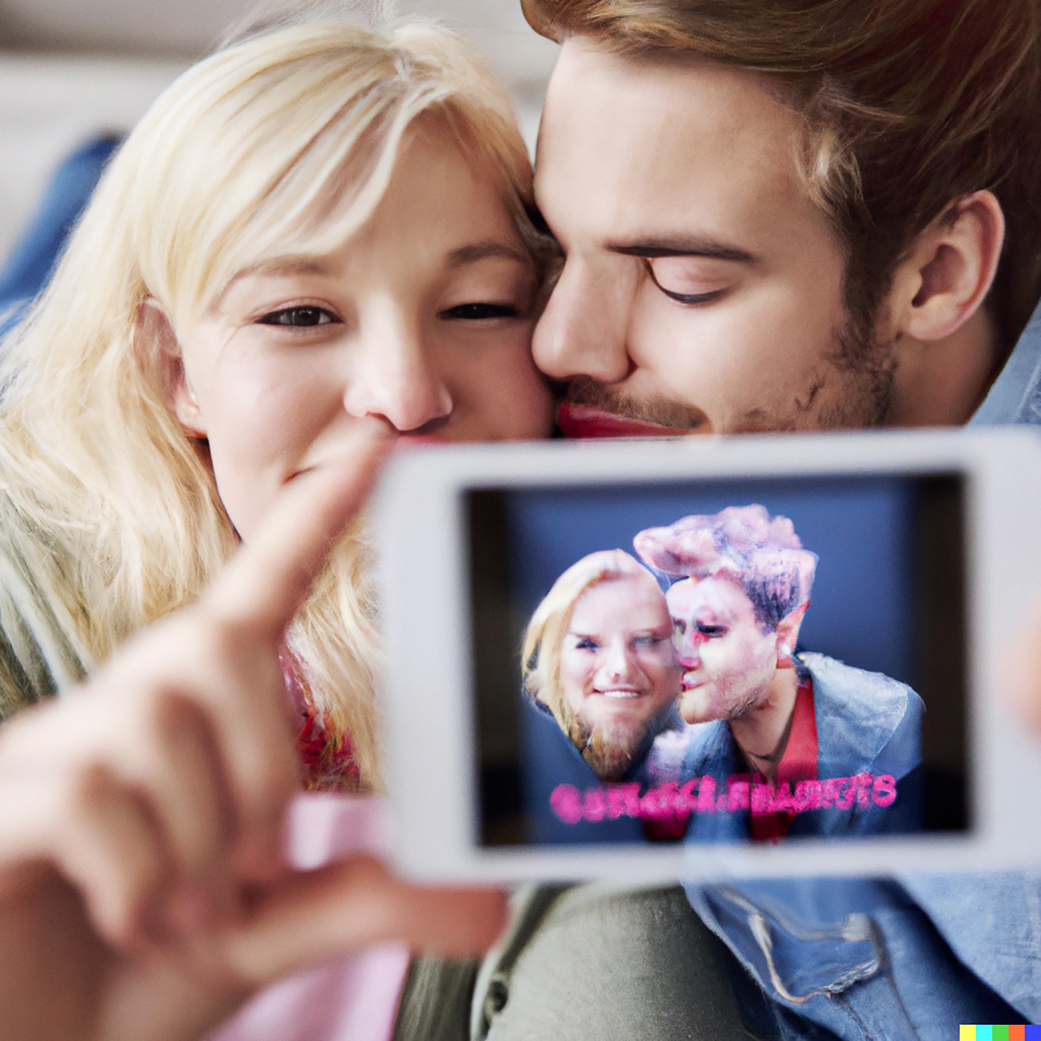 Couple taking a selfie with a photo of another couple displayed on the phone's screen.