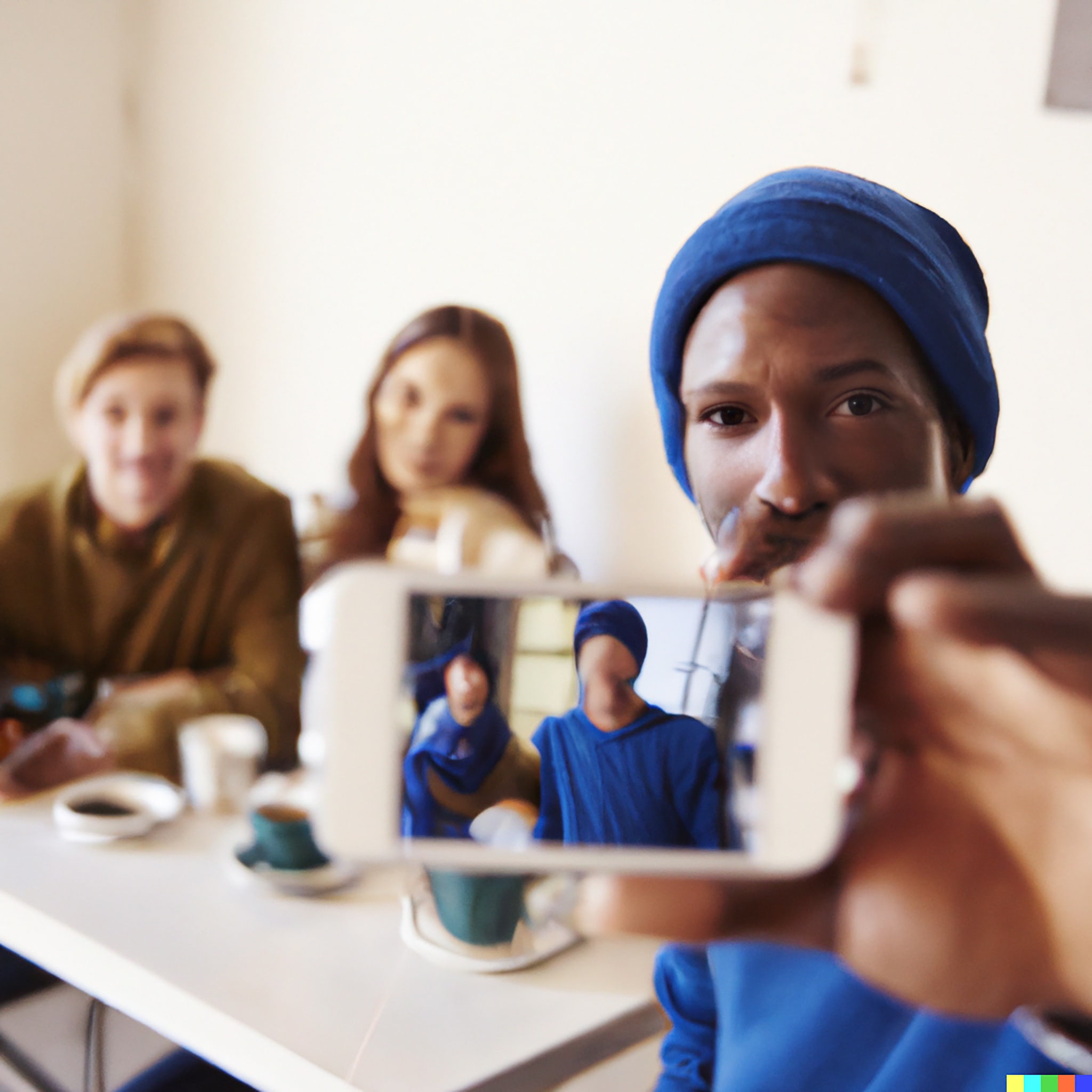 Person taking a selfie with friends in background.