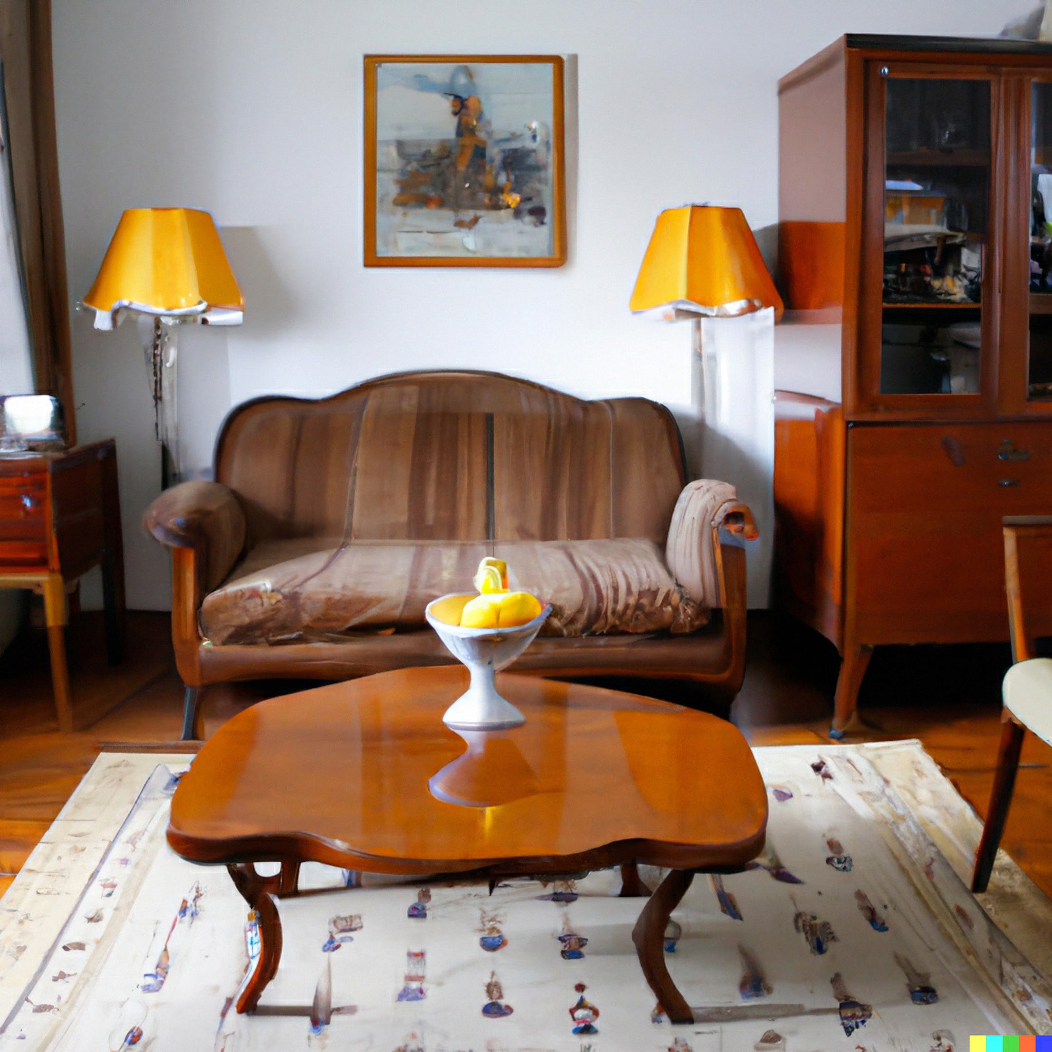 1960s French living room with worn brown sofa, coffee table, two yellow lamps, and wooden cabinet.