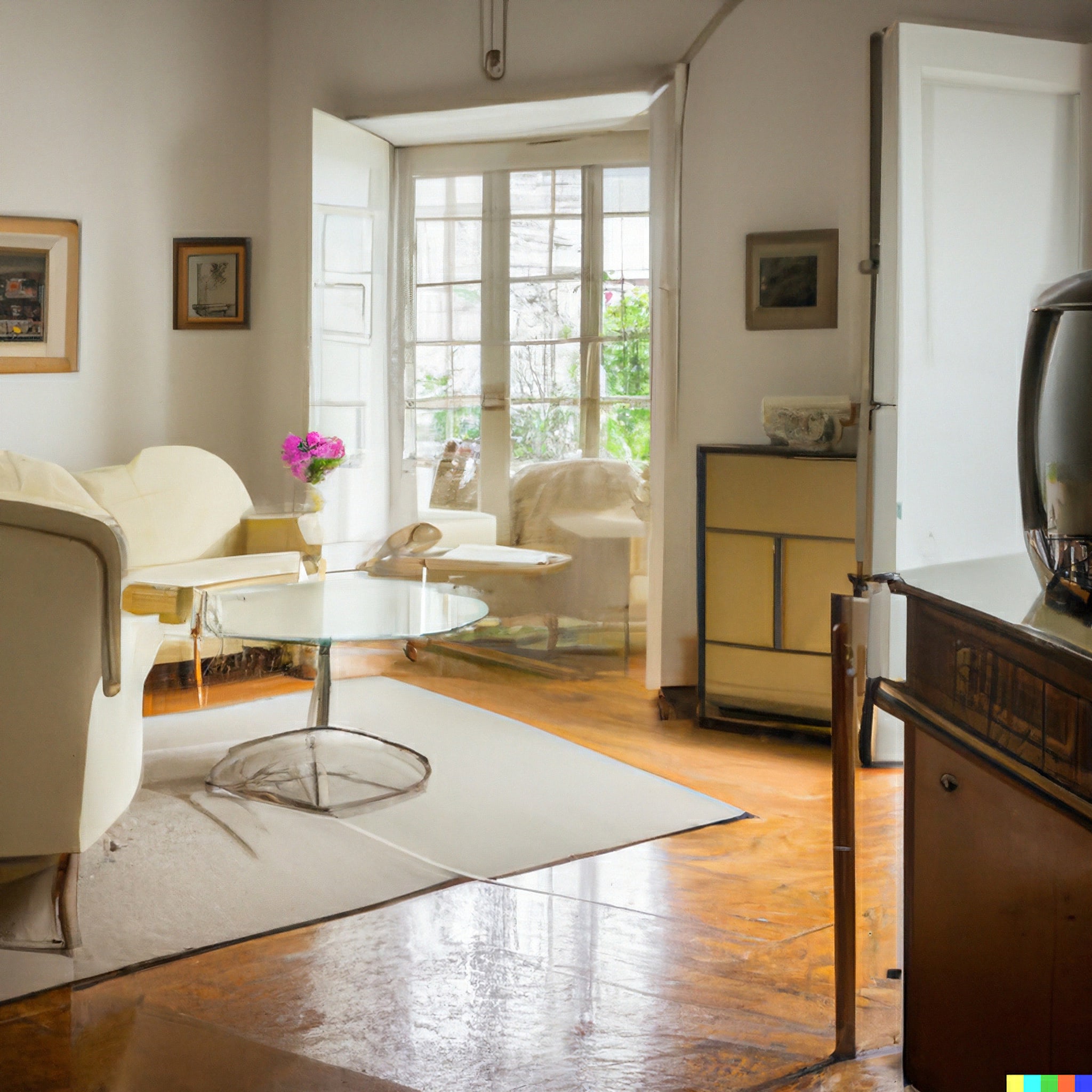 A 1960s French living room with light beige furniture, a glass coffee table, and large windows overlooking a garden.