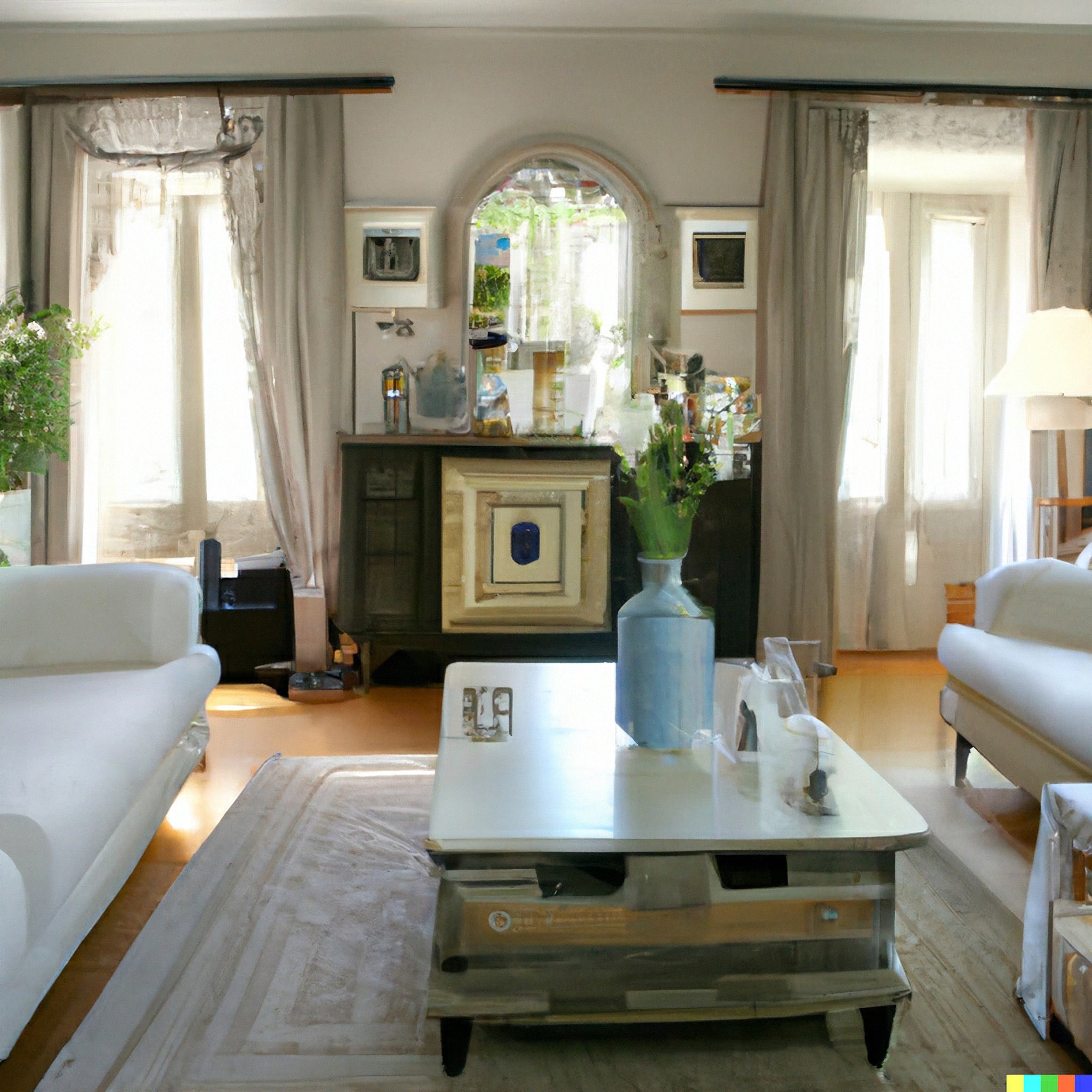 1960s French living room with white sofas and a coffee table.