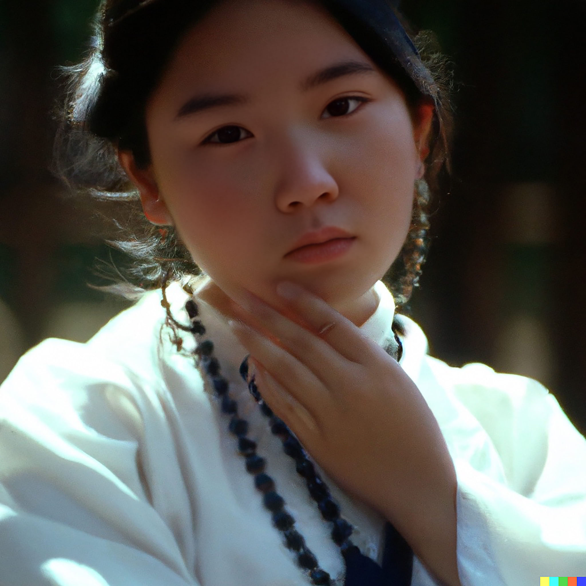 Close-up portrait of a young woman in traditional Joseon Dynasty clothing, her hand gently touching her chin.