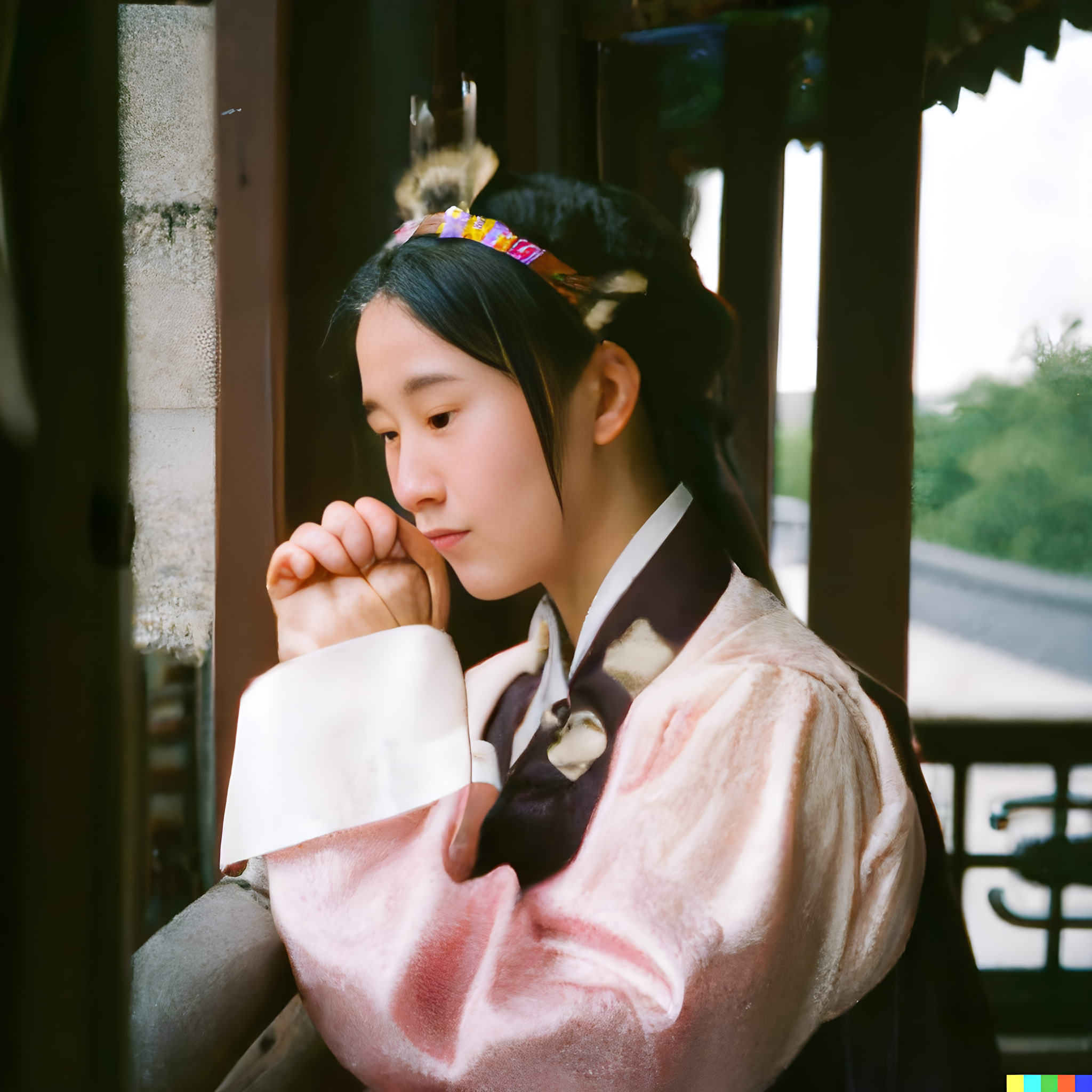 A young woman in a traditional Joseon Dynasty hanbok, looking pensive.