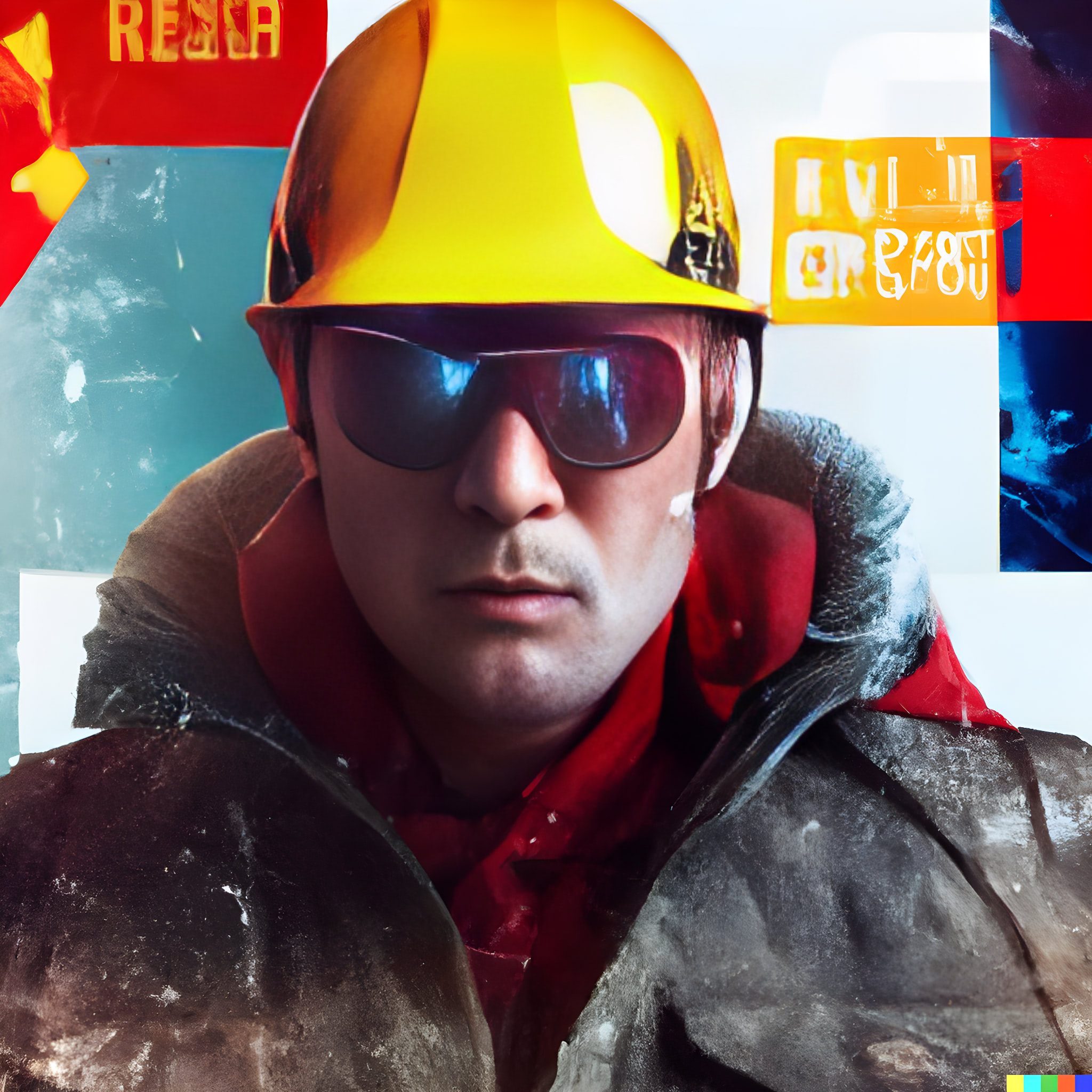 Close-up portrait of a man wearing a yellow hard hat, sunglasses, and a dark jacket.