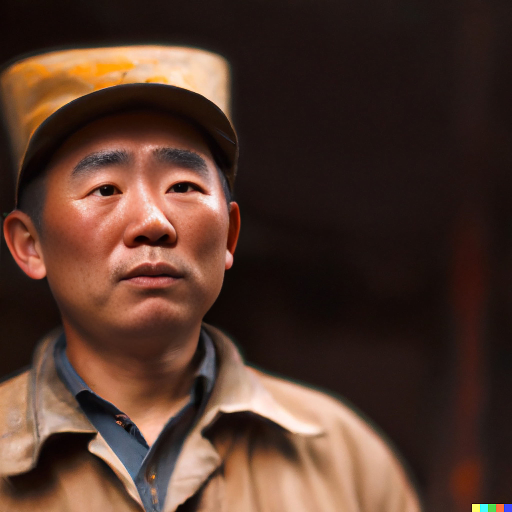Close-up portrait of a Chinese man wearing a tan work jacket and a yellow cap.