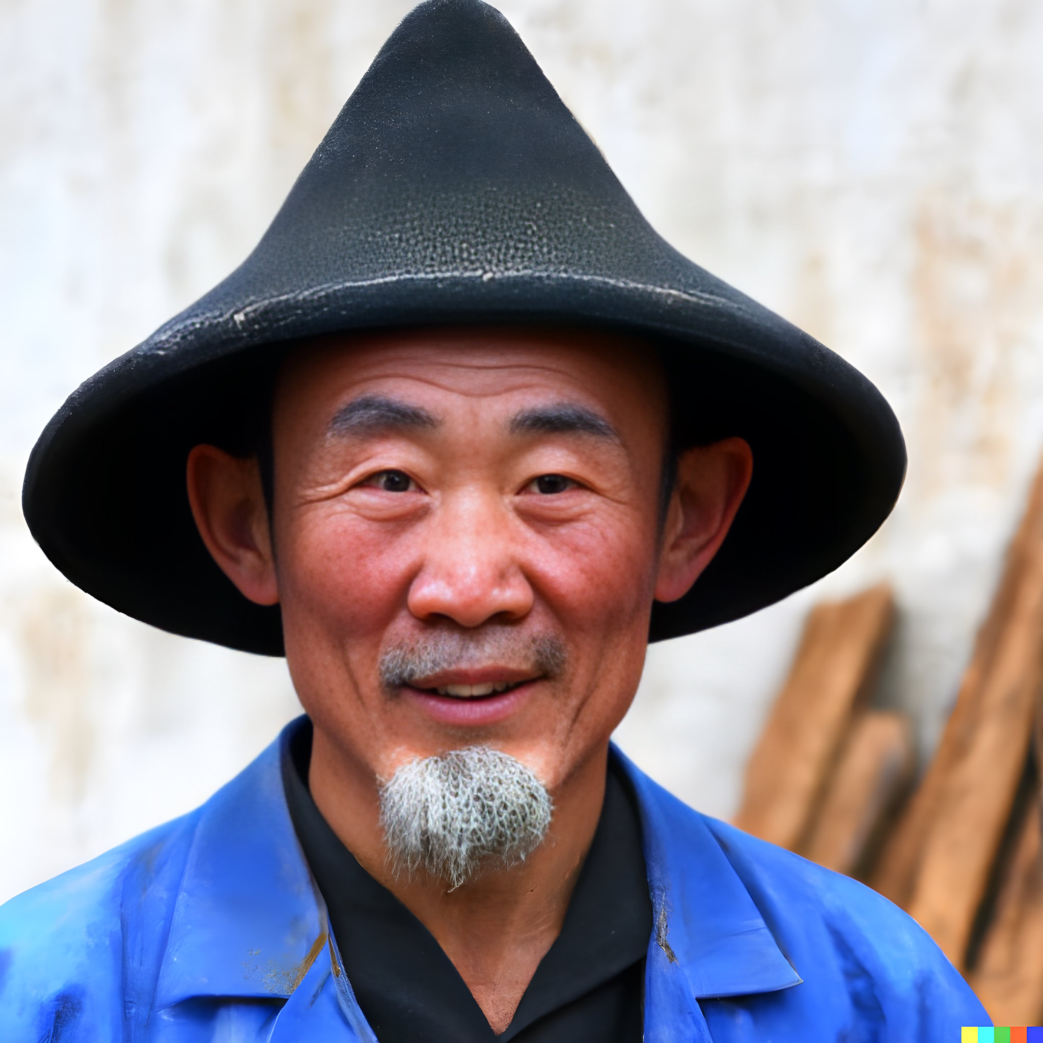 Portrait of an older Asian man wearing a wide-brimmed hat and blue jacket.