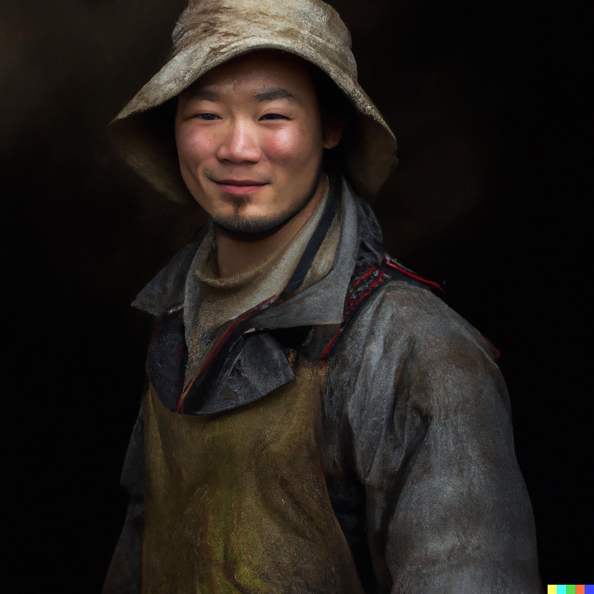 Portrait of a smiling Asian man wearing a worn work hat and apron.