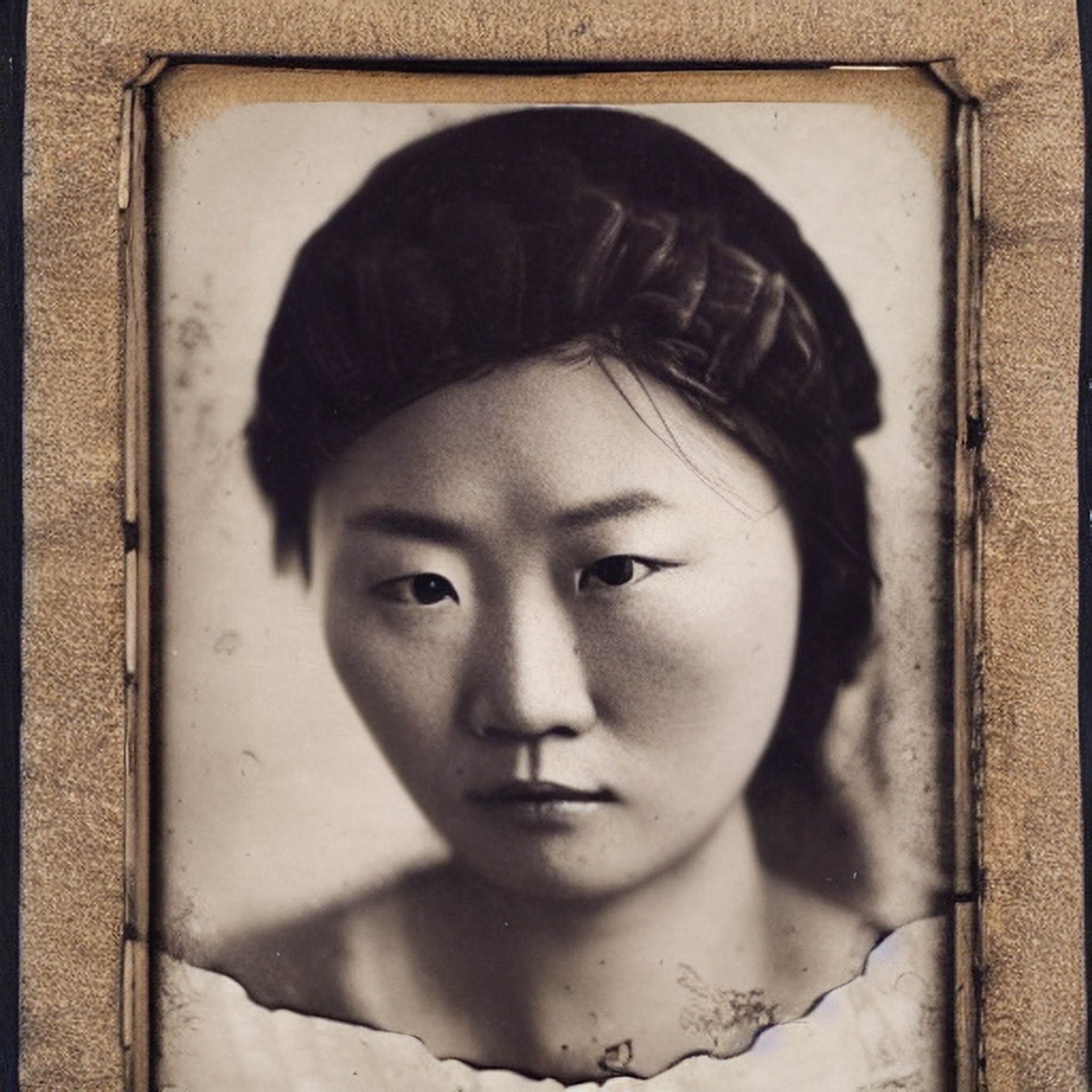 Wet plate photograph of a young Chinese woman in a dark head wrap.